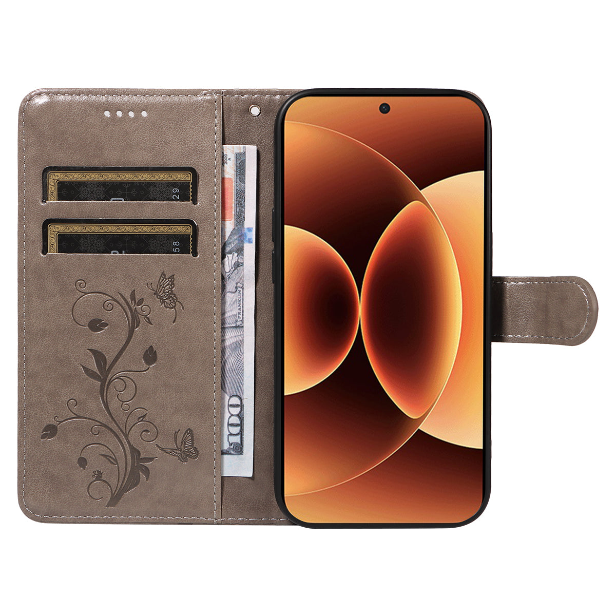 For Xiaomi 17 Pro Max PU Leather Cases Flower Pattern Wallet Stand Phone Cover with Strap - Grey