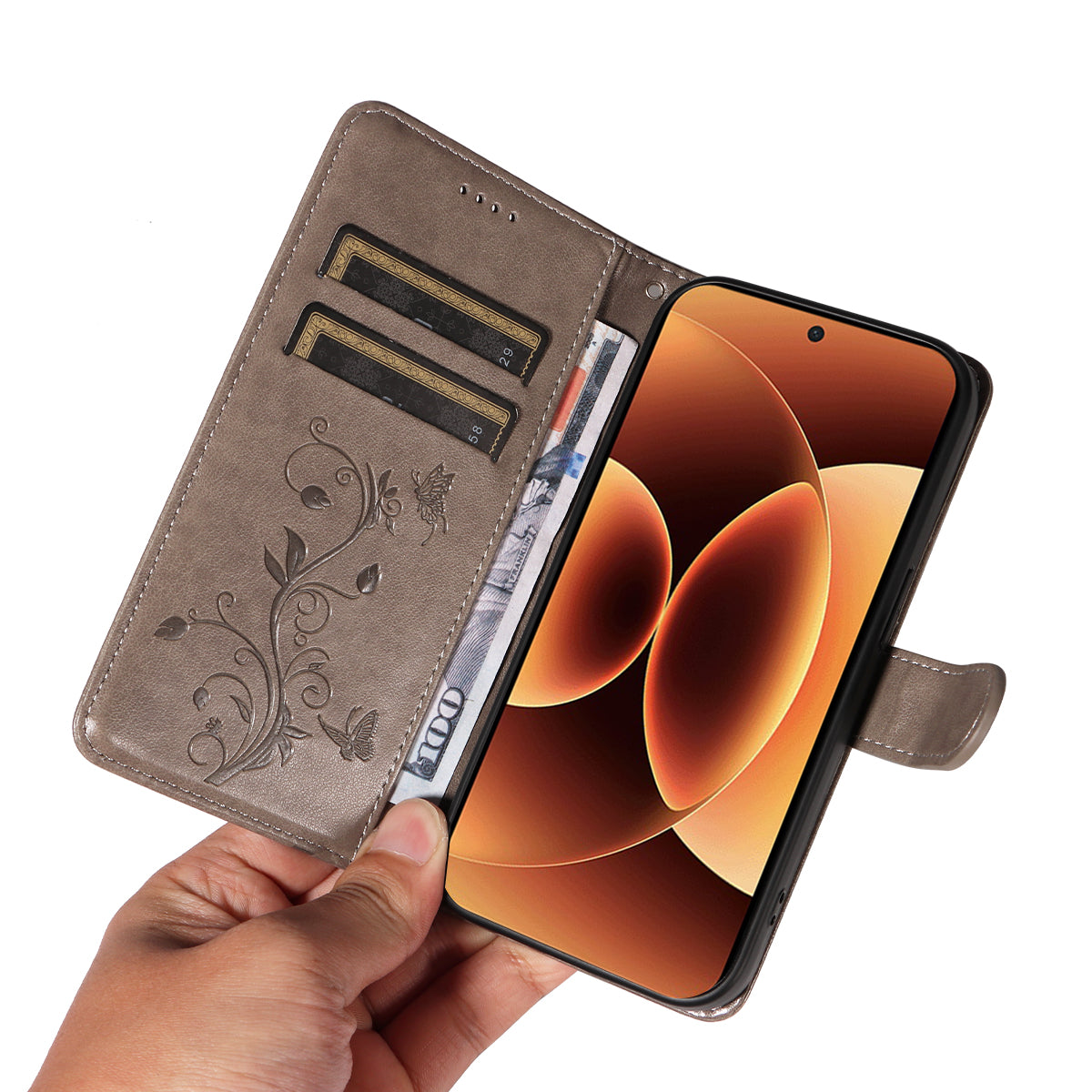 For Xiaomi 17 Pro Max PU Leather Cases Flower Pattern Wallet Stand Phone Cover with Strap - Grey