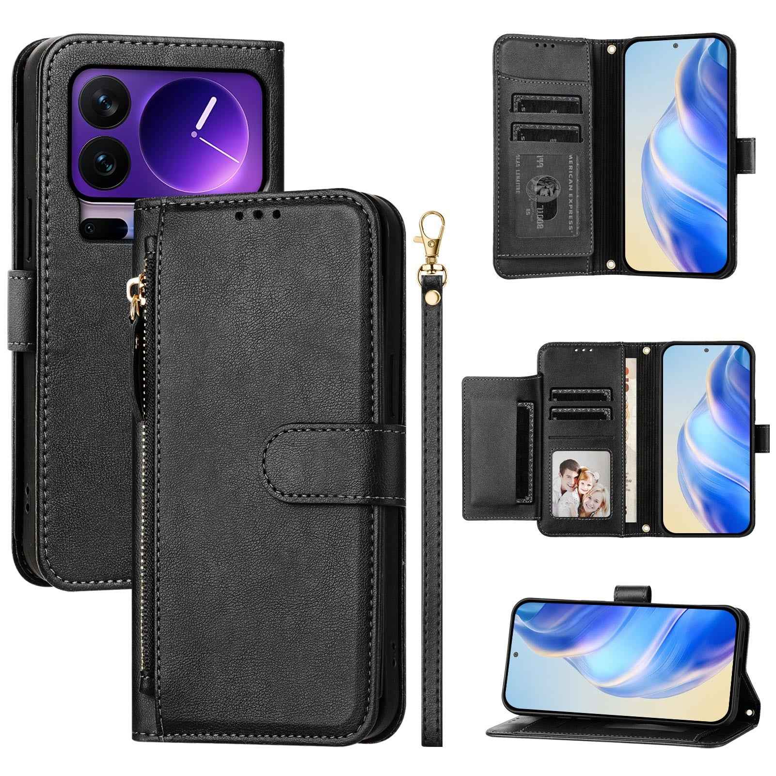 For Xiaomi 17 Pro Case Zipper Pocket Multiple Card Slots Leather Phone Cover - Black
