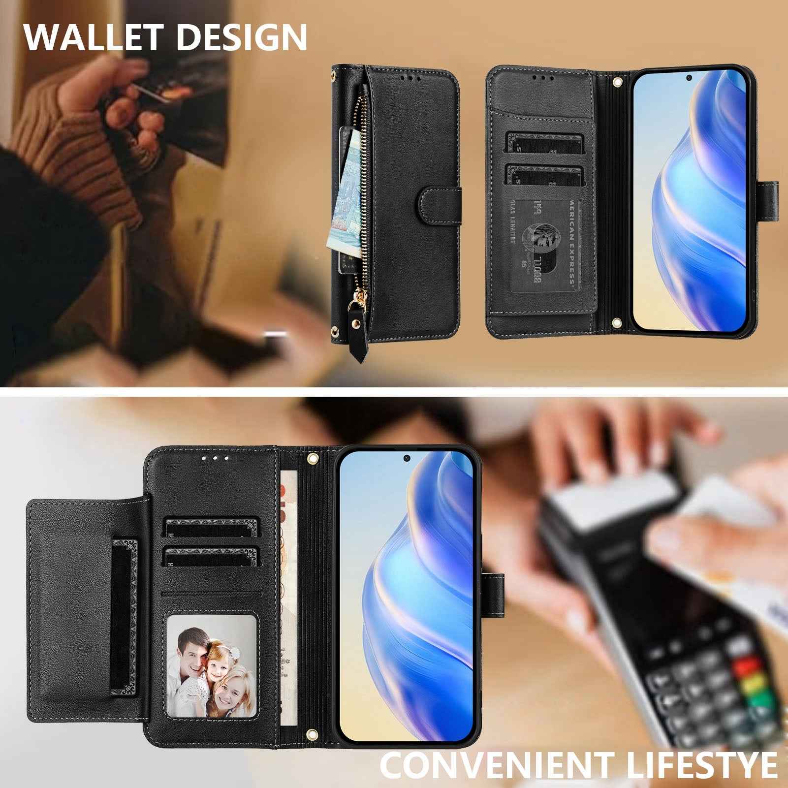 For Xiaomi 17 Pro Case Zipper Pocket Multiple Card Slots Leather Phone Cover - Black