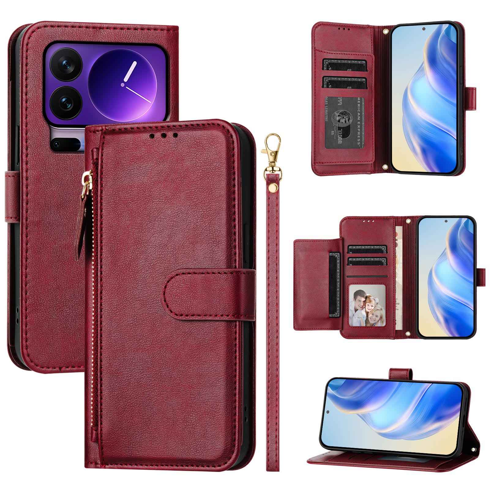 For Xiaomi 17 Pro Case Zipper Pocket Multiple Card Slots Leather Phone Cover - Red