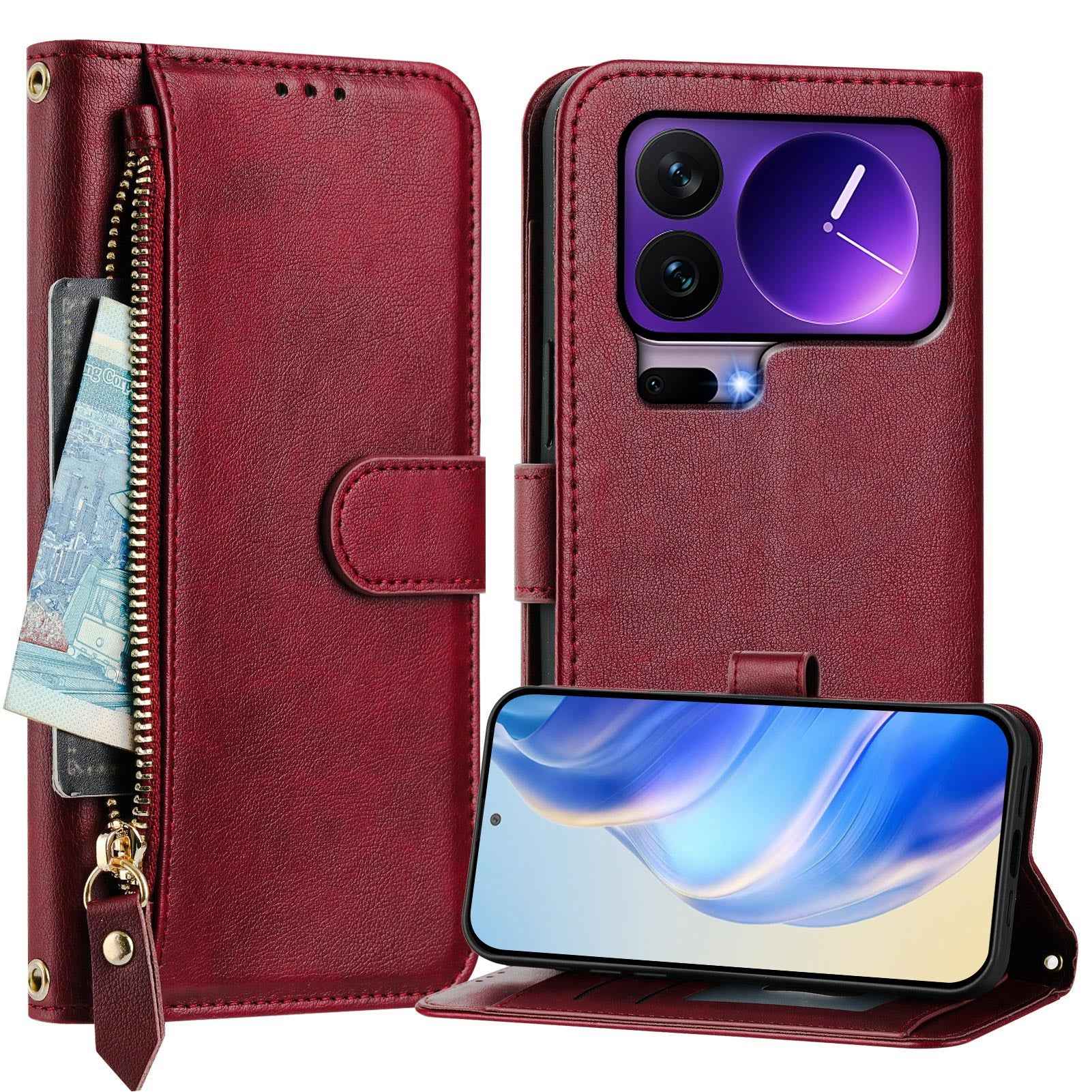 For Xiaomi 17 Pro Case Zipper Pocket Multiple Card Slots Leather Phone Cover - Red