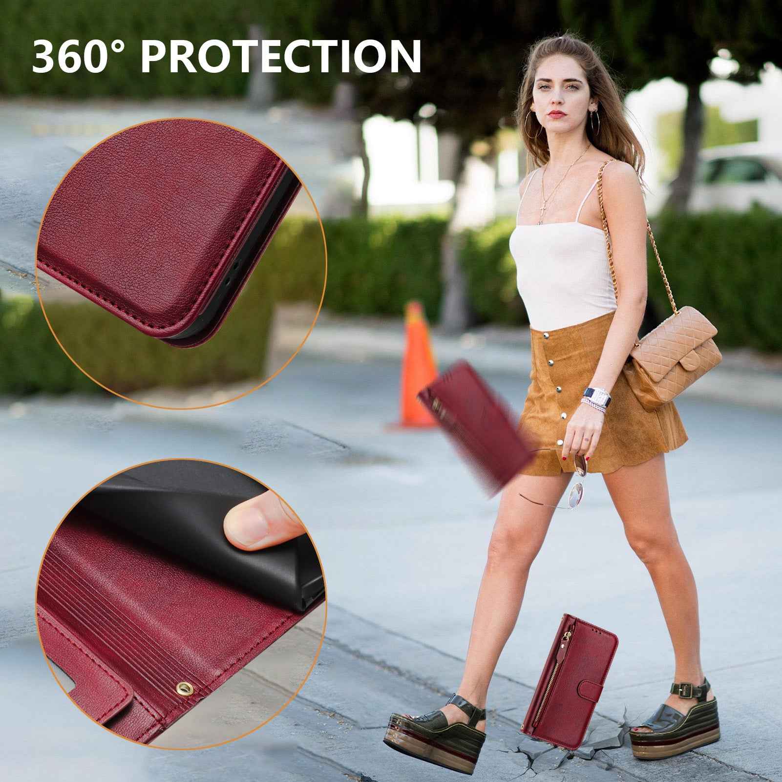 For Xiaomi 17 Pro Case Zipper Pocket Multiple Card Slots Leather Phone Cover - Red