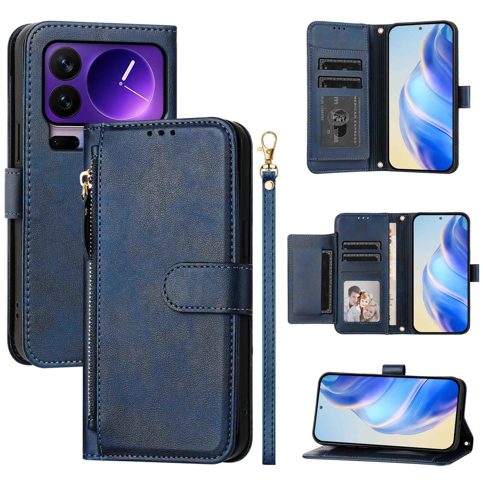 For Xiaomi 17 Pro Case Zipper Pocket Multiple Card Slots Leather Phone Cover - Blue