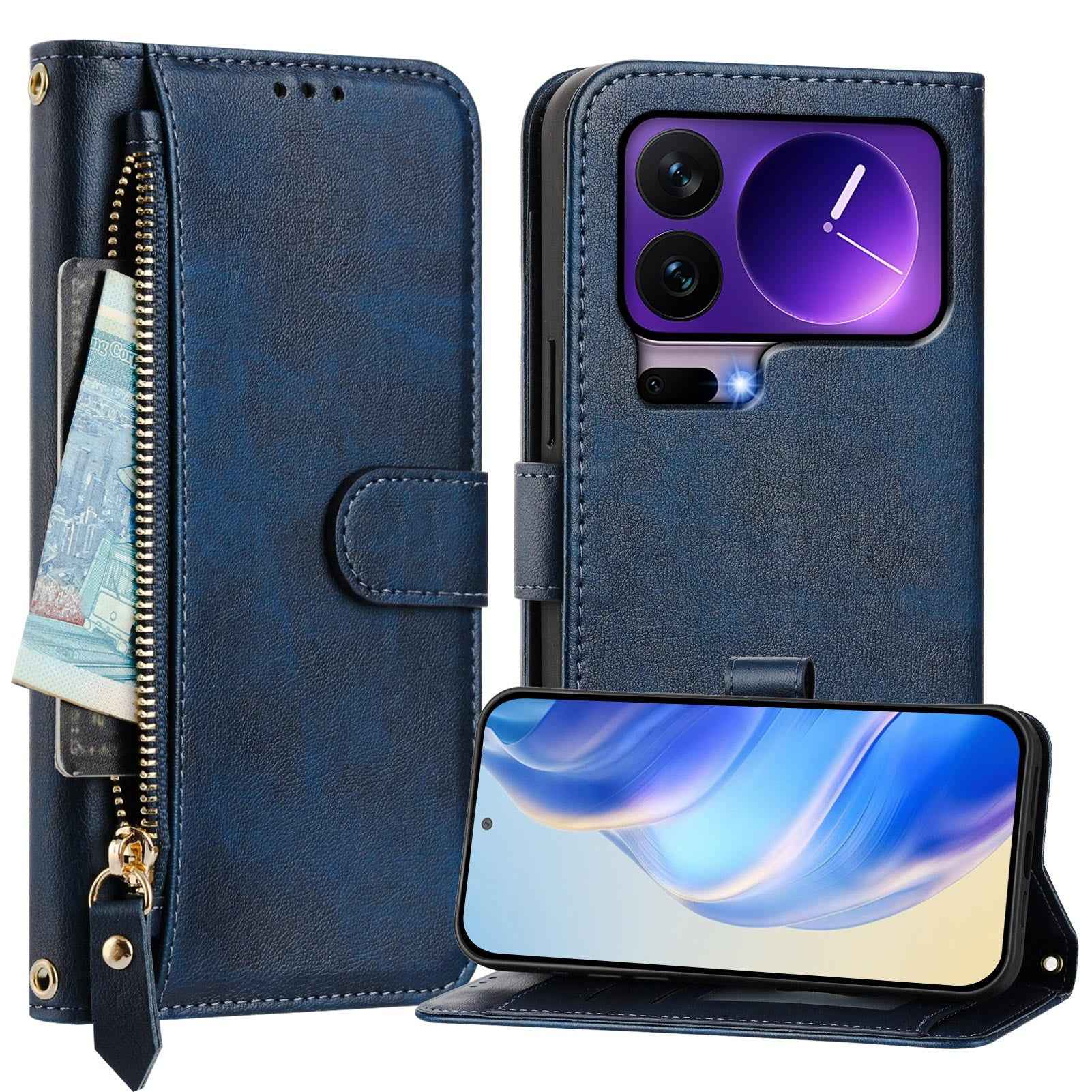 For Xiaomi 17 Pro Case Zipper Pocket Multiple Card Slots Leather Phone Cover - Blue
