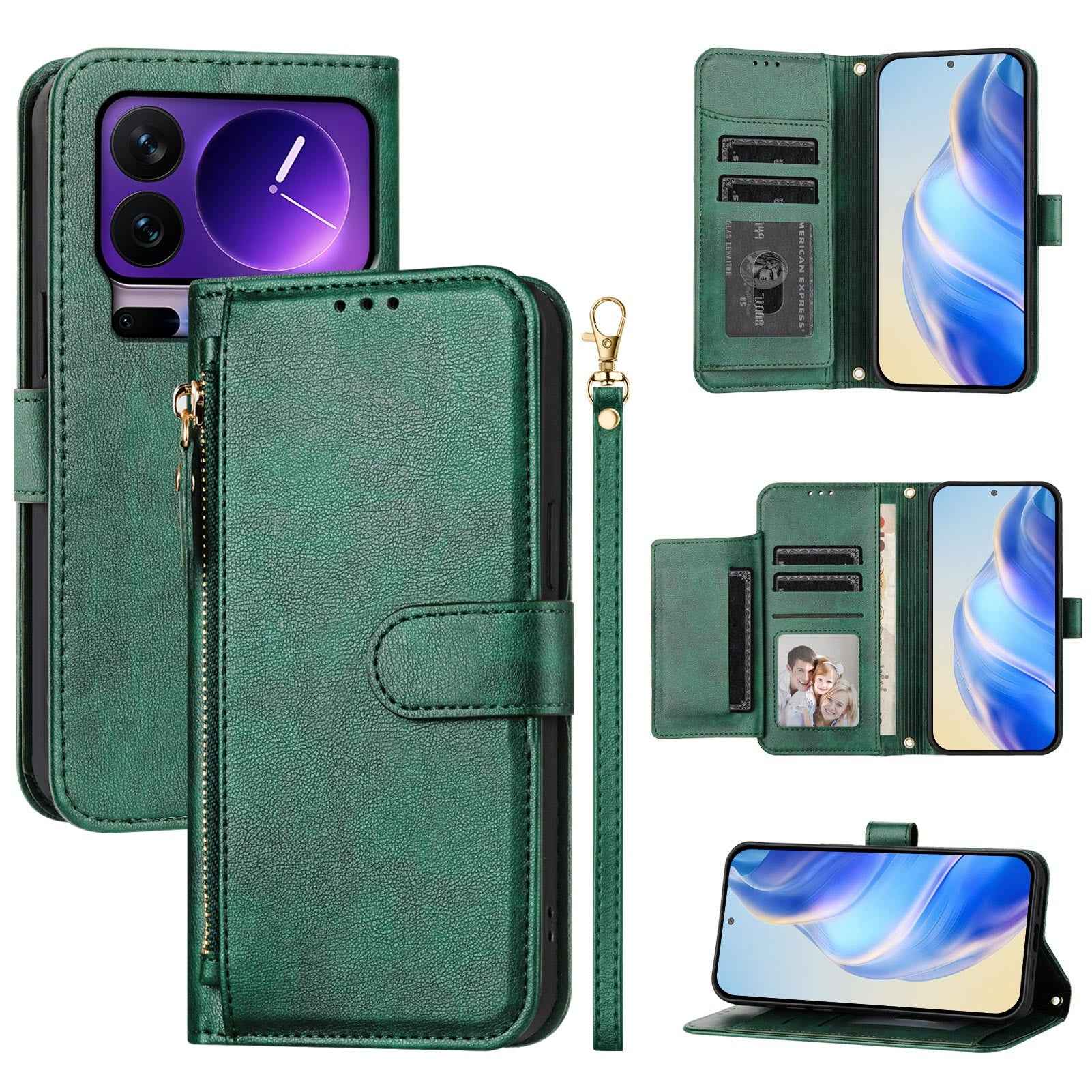 For Xiaomi 17 Pro Case Zipper Pocket Multiple Card Slots Leather Phone Cover - Green