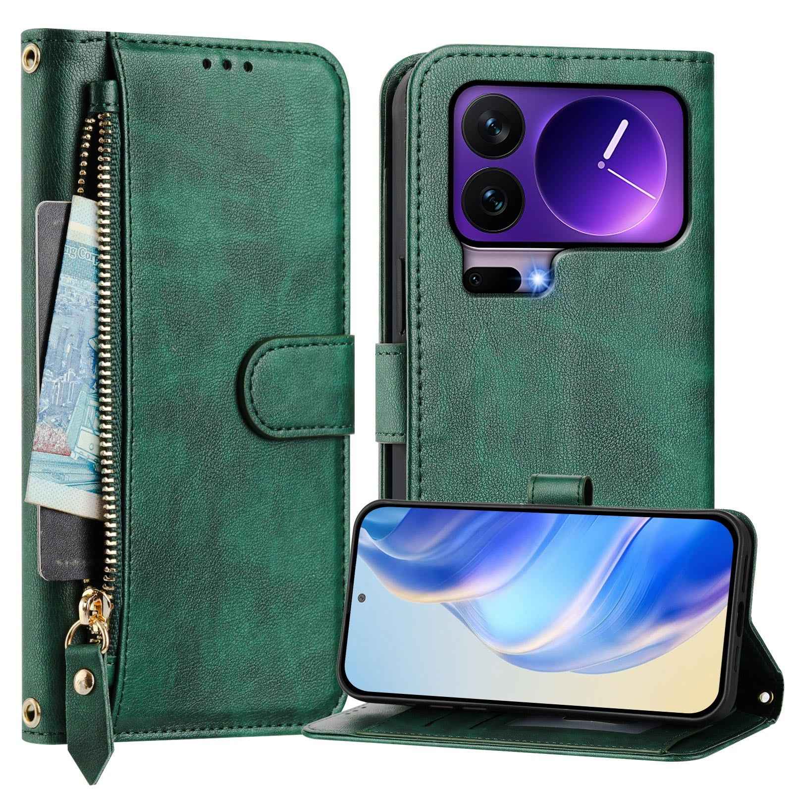 For Xiaomi 17 Pro Case Zipper Pocket Multiple Card Slots Leather Phone Cover - Green