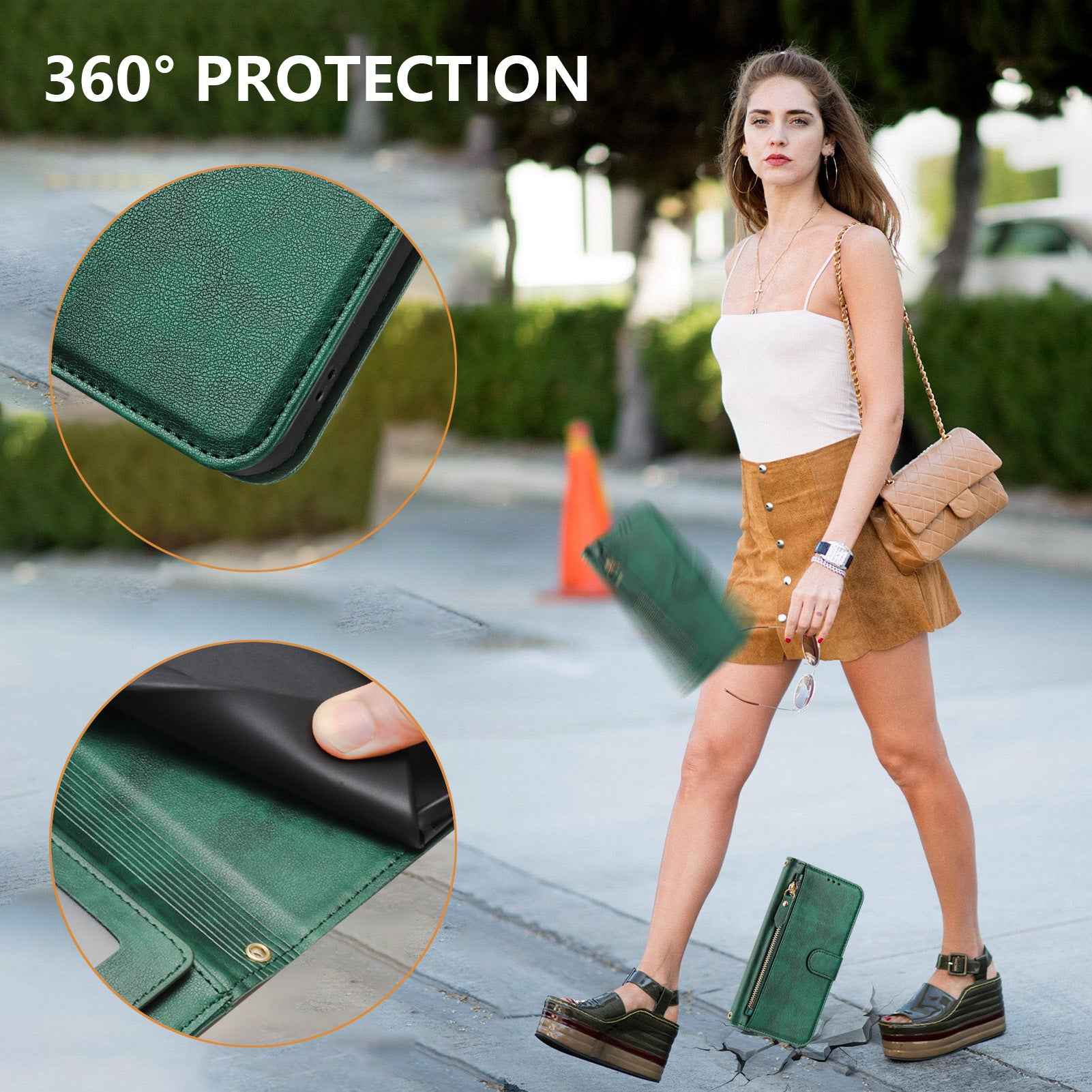 For Xiaomi 17 Pro Case Zipper Pocket Multiple Card Slots Leather Phone Cover - Green