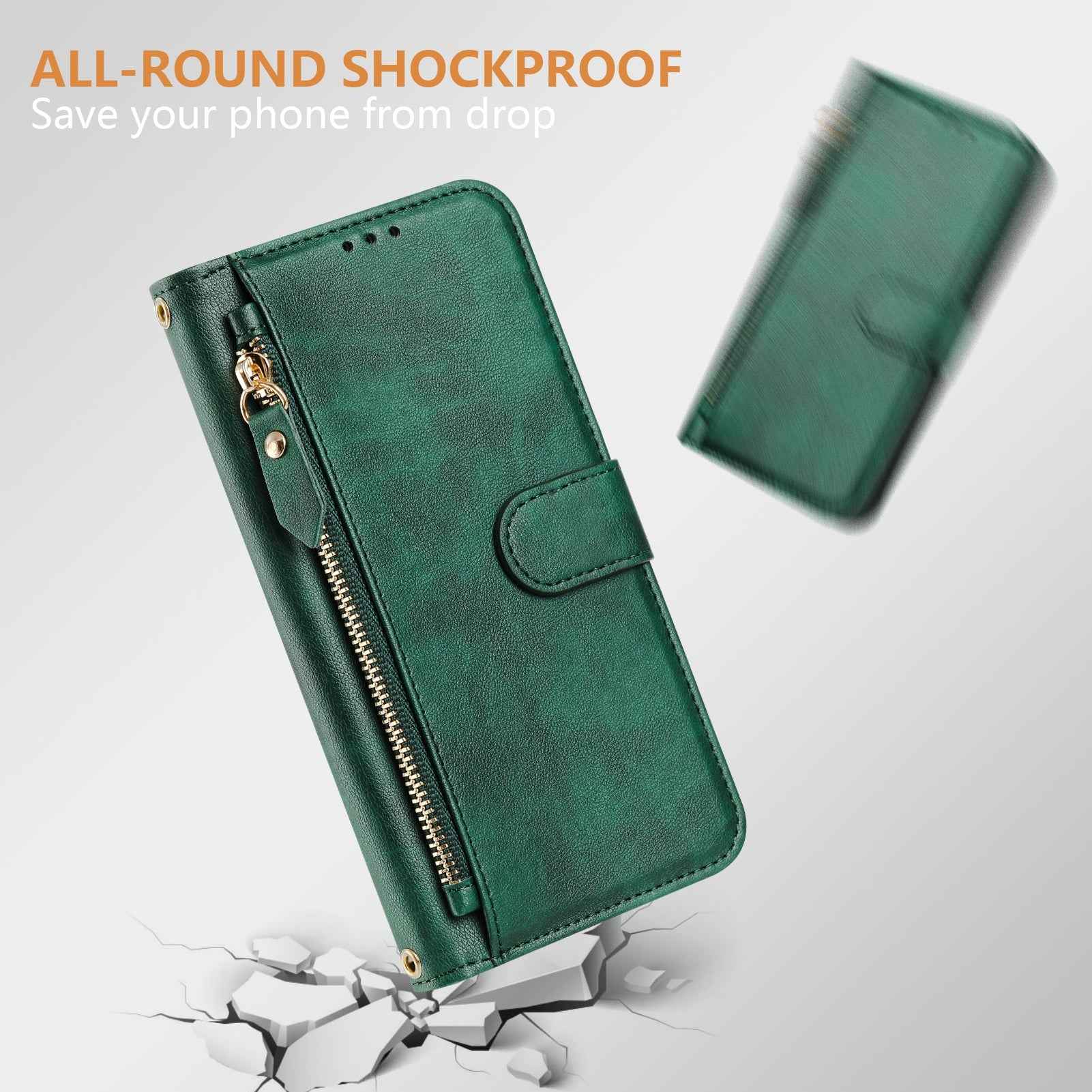 For Xiaomi 17 Pro Case Zipper Pocket Multiple Card Slots Leather Phone Cover - Green