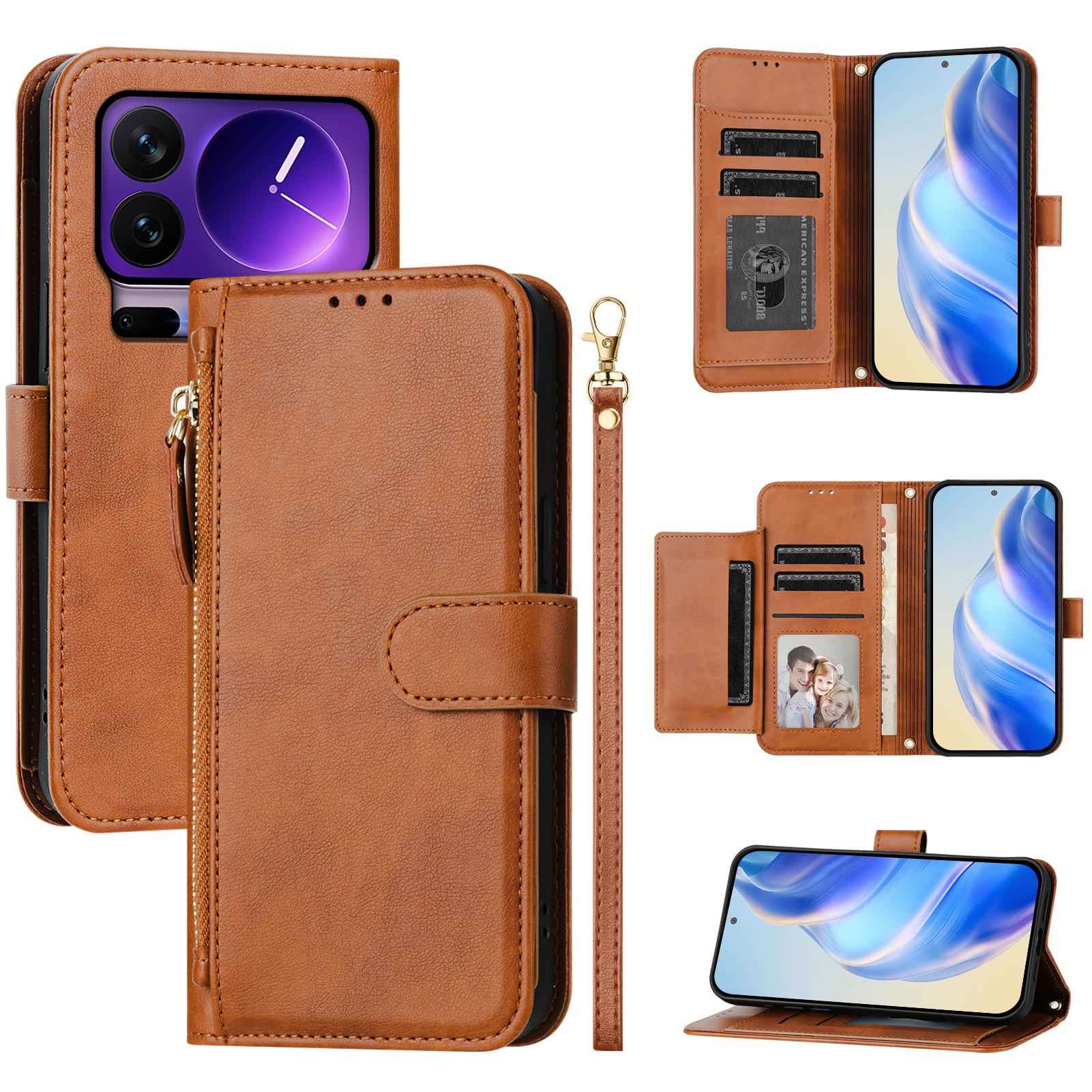 For Xiaomi 17 Pro Case Zipper Pocket Multiple Card Slots Leather Phone Cover - Brown