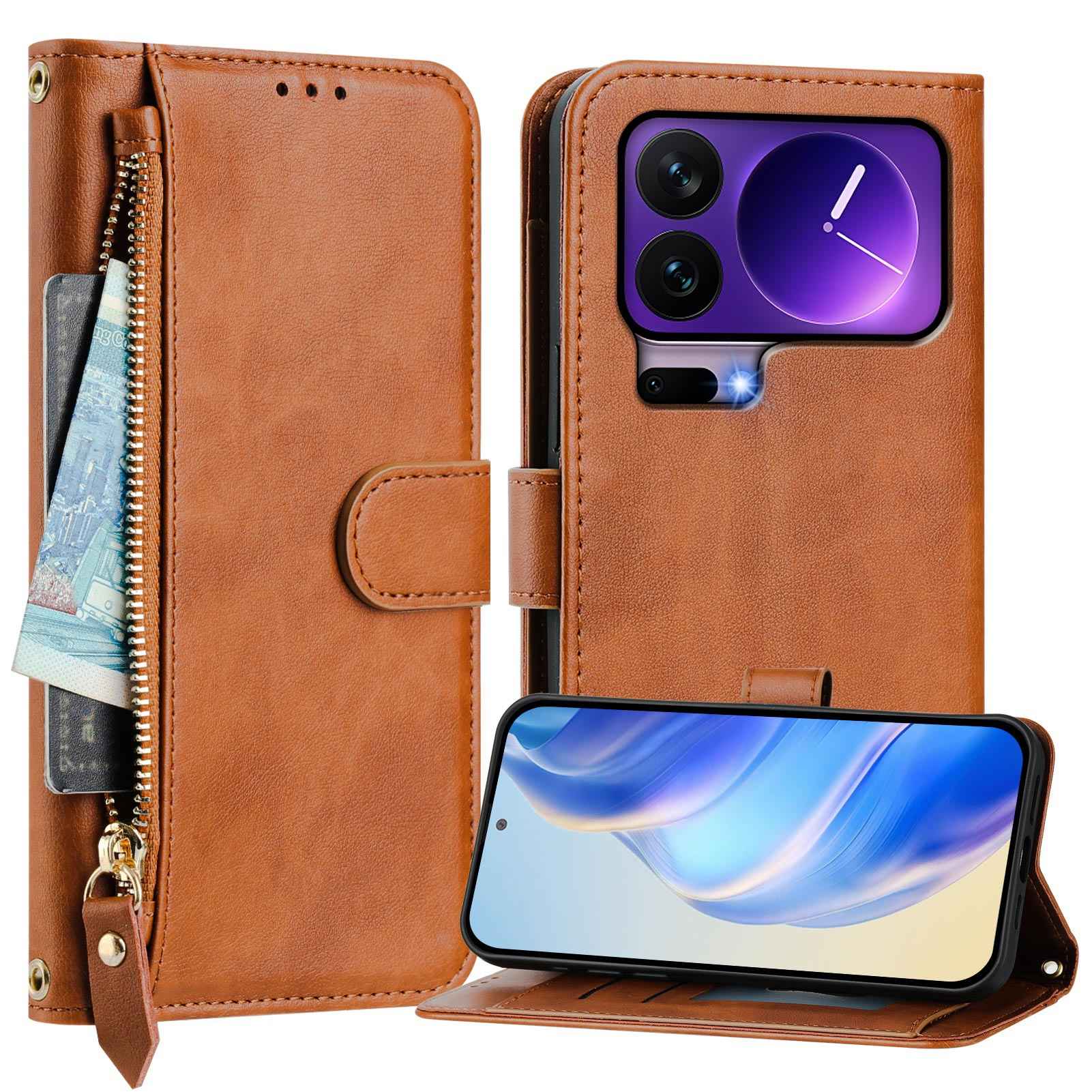 For Xiaomi 17 Pro Case Zipper Pocket Multiple Card Slots Leather Phone Cover - Brown