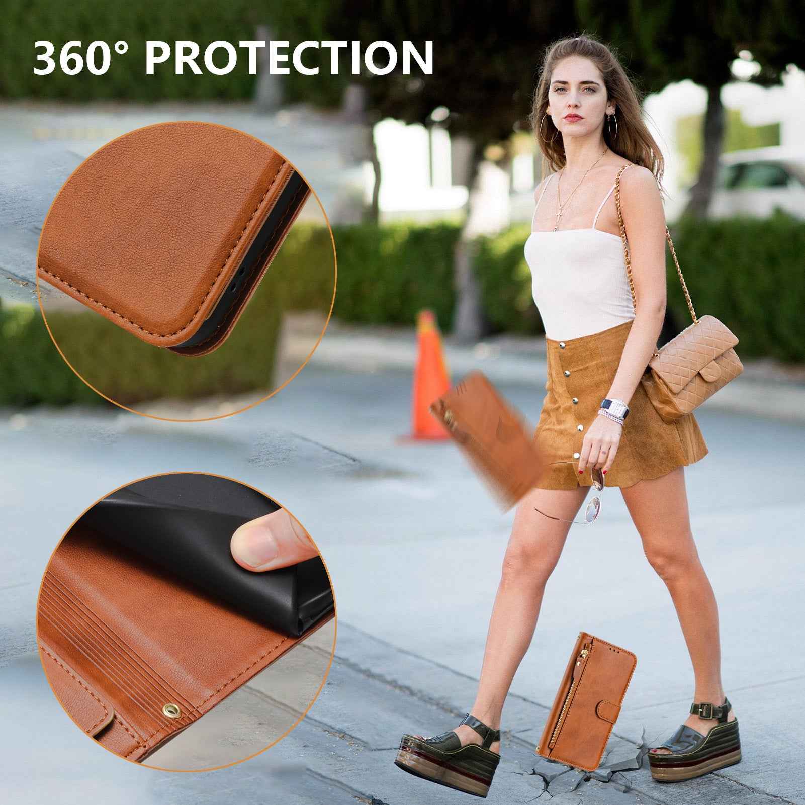 For Xiaomi 17 Pro Case Zipper Pocket Multiple Card Slots Leather Phone Cover - Brown