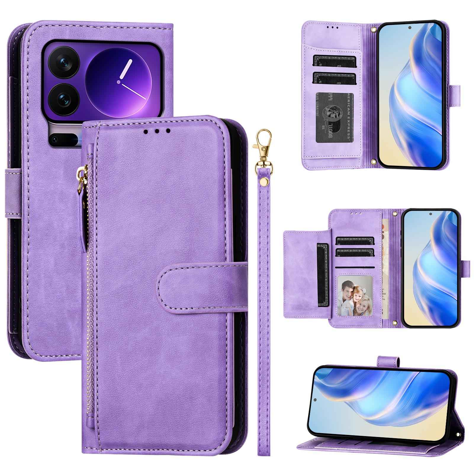 For Xiaomi 17 Pro Case Zipper Pocket Multiple Card Slots Leather Phone Cover - Purple