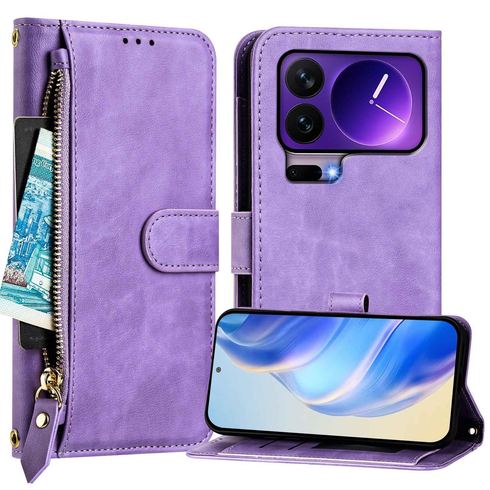 For Xiaomi 17 Pro Case Zipper Pocket Multiple Card Slots Leather Phone Cover - Purple