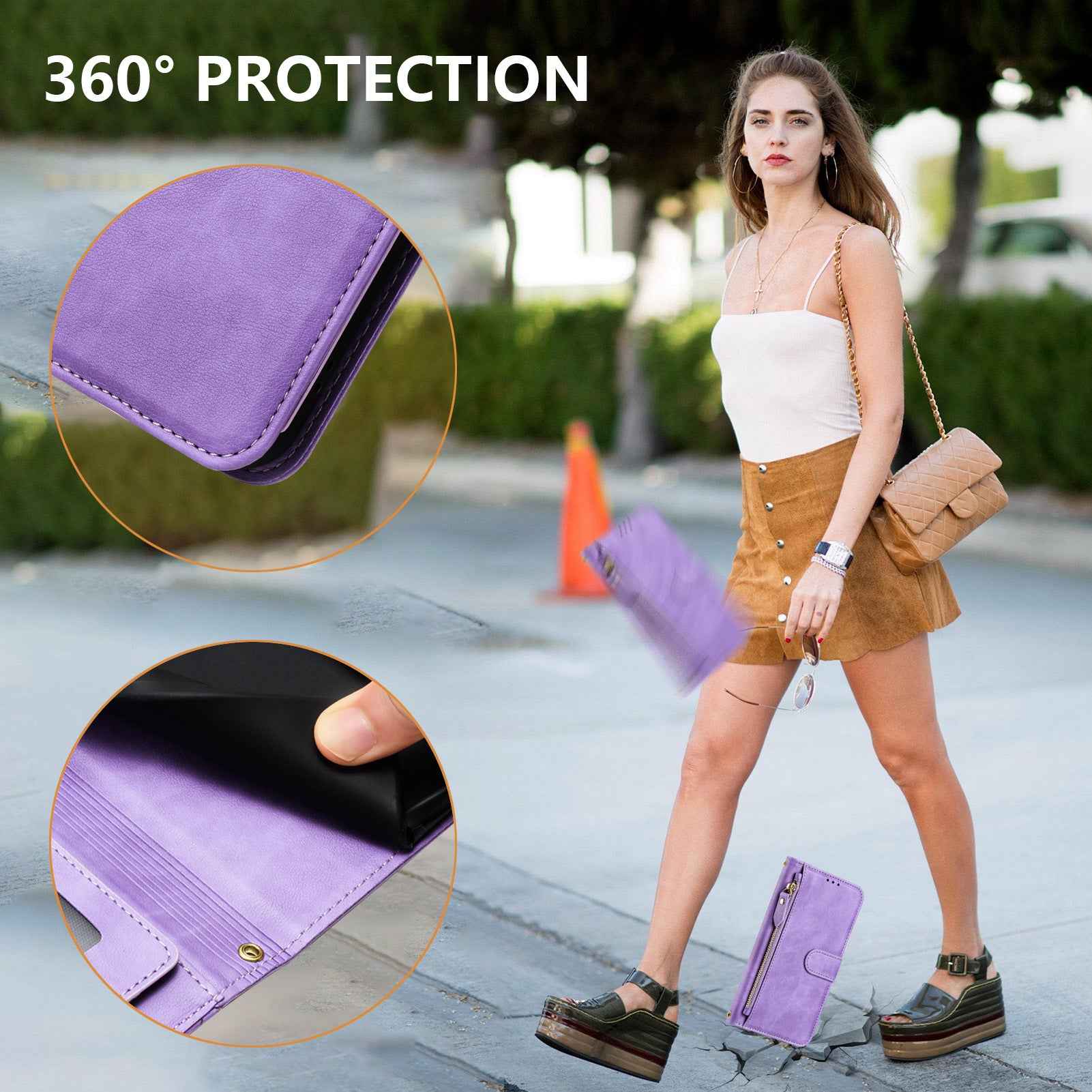 For Xiaomi 17 Pro Case Zipper Pocket Multiple Card Slots Leather Phone Cover - Purple