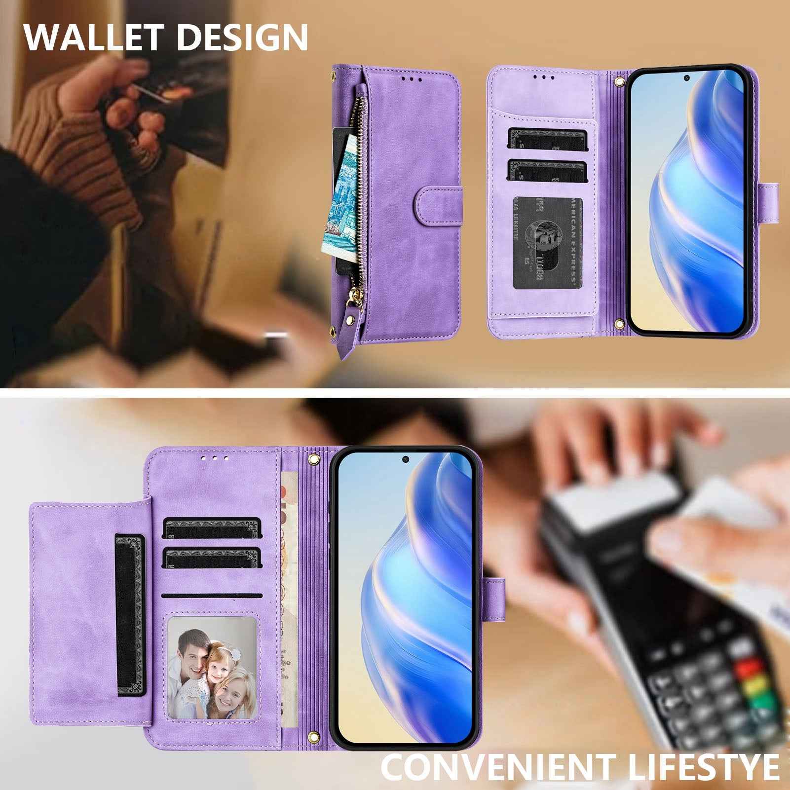 For Xiaomi 17 Pro Case Zipper Pocket Multiple Card Slots Leather Phone Cover - Purple