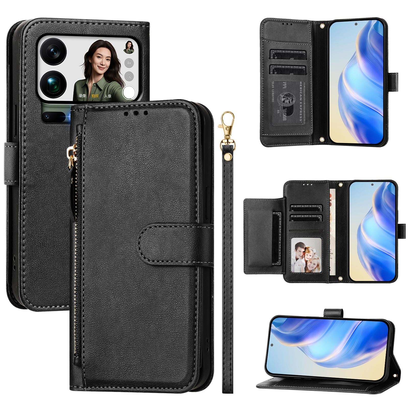 For Xiaomi 17 Pro Max Case Zipper Pocket Multiple Card Slots Leather Phone Cover - Black