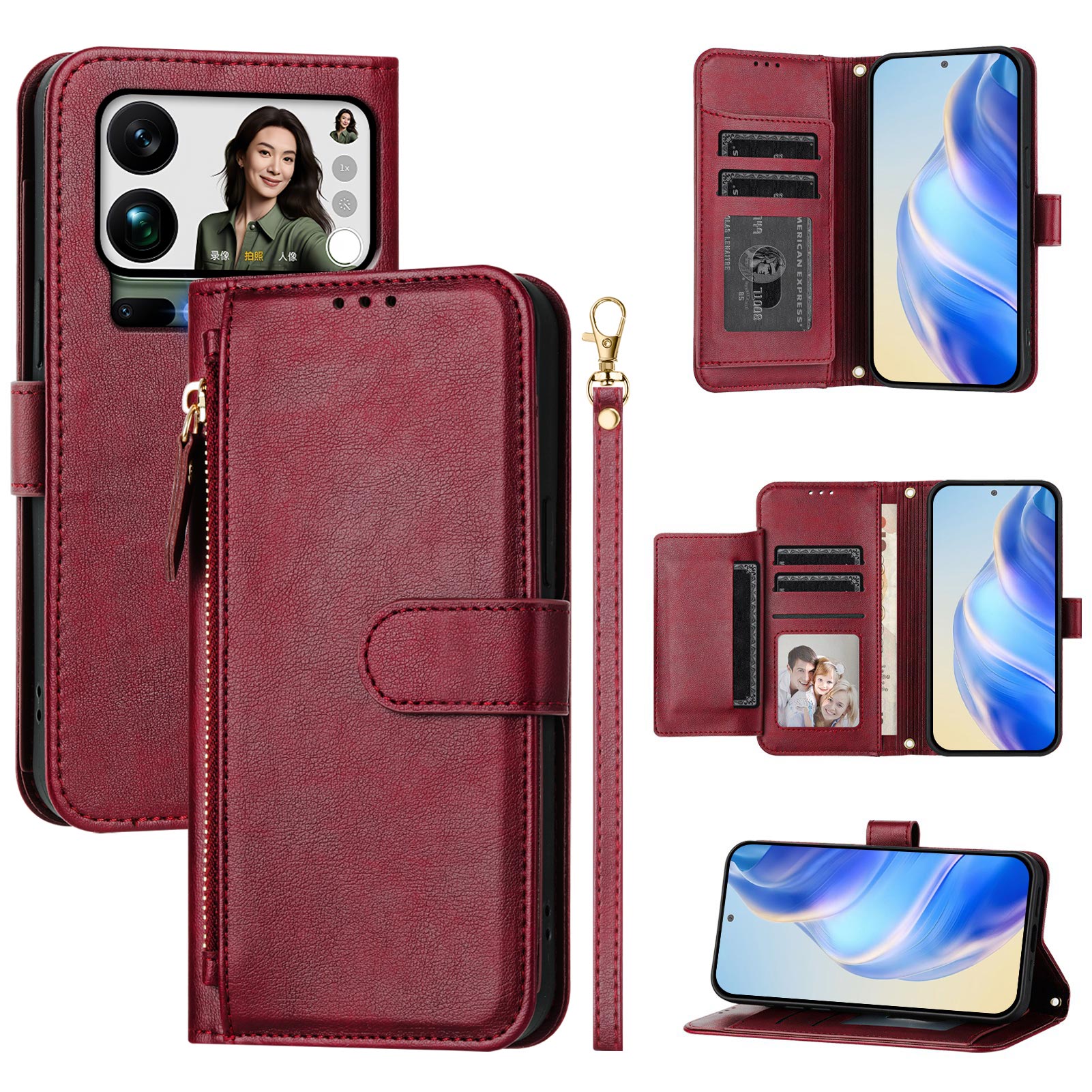 For Xiaomi 17 Pro Max Case Zipper Pocket Multiple Card Slots Leather Phone Cover - Red