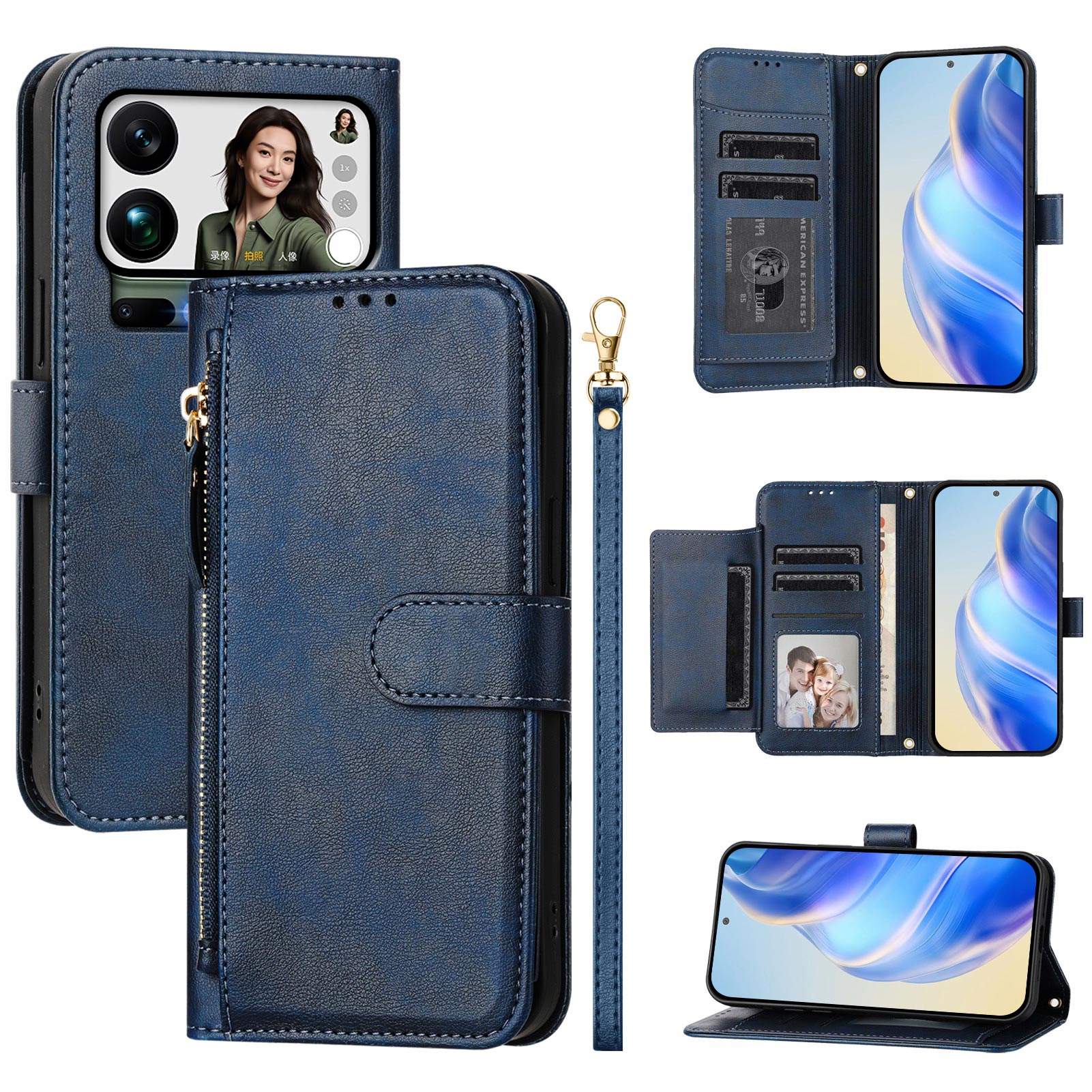 For Xiaomi 17 Pro Max Case Zipper Pocket Multiple Card Slots Leather Phone Cover - Blue