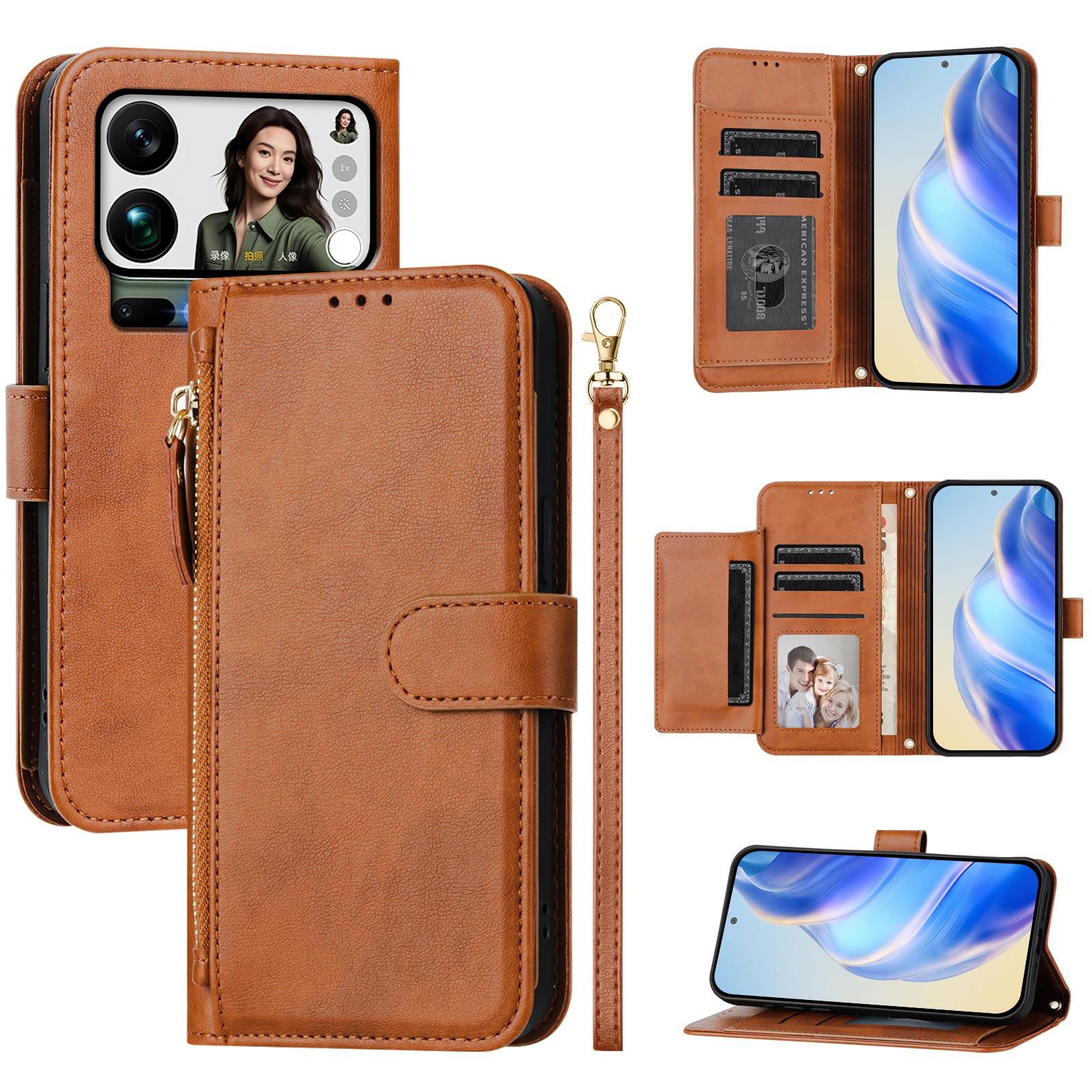 For Xiaomi 17 Pro Max Case Zipper Pocket Multiple Card Slots Leather Phone Cover - Brown