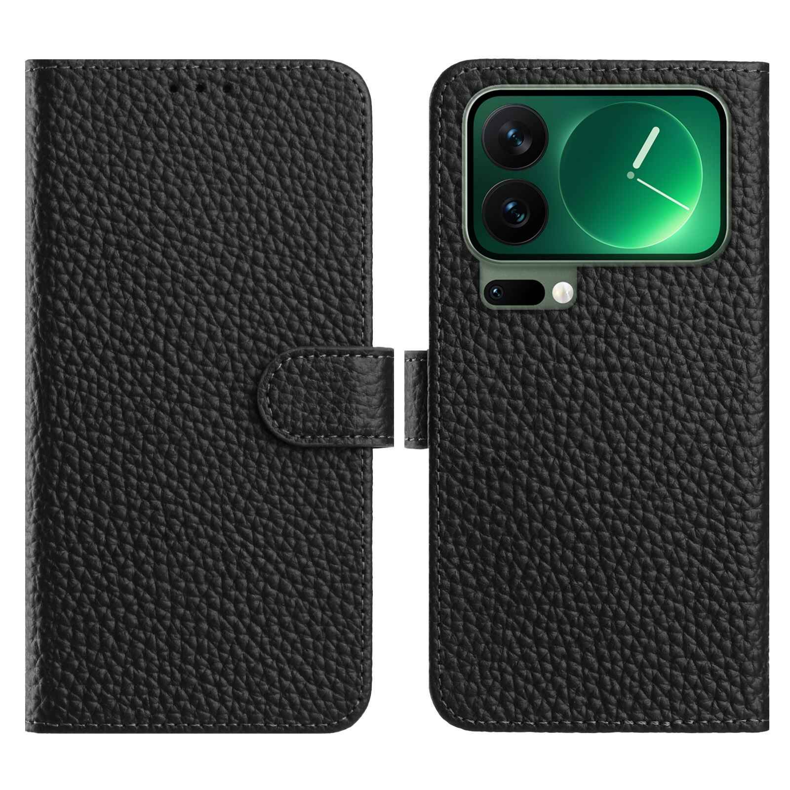 For Xiaomi 17 Pro Case Wallet Stand Litchi Texture Genuine Cow Leather Flip Phone Cover - Black