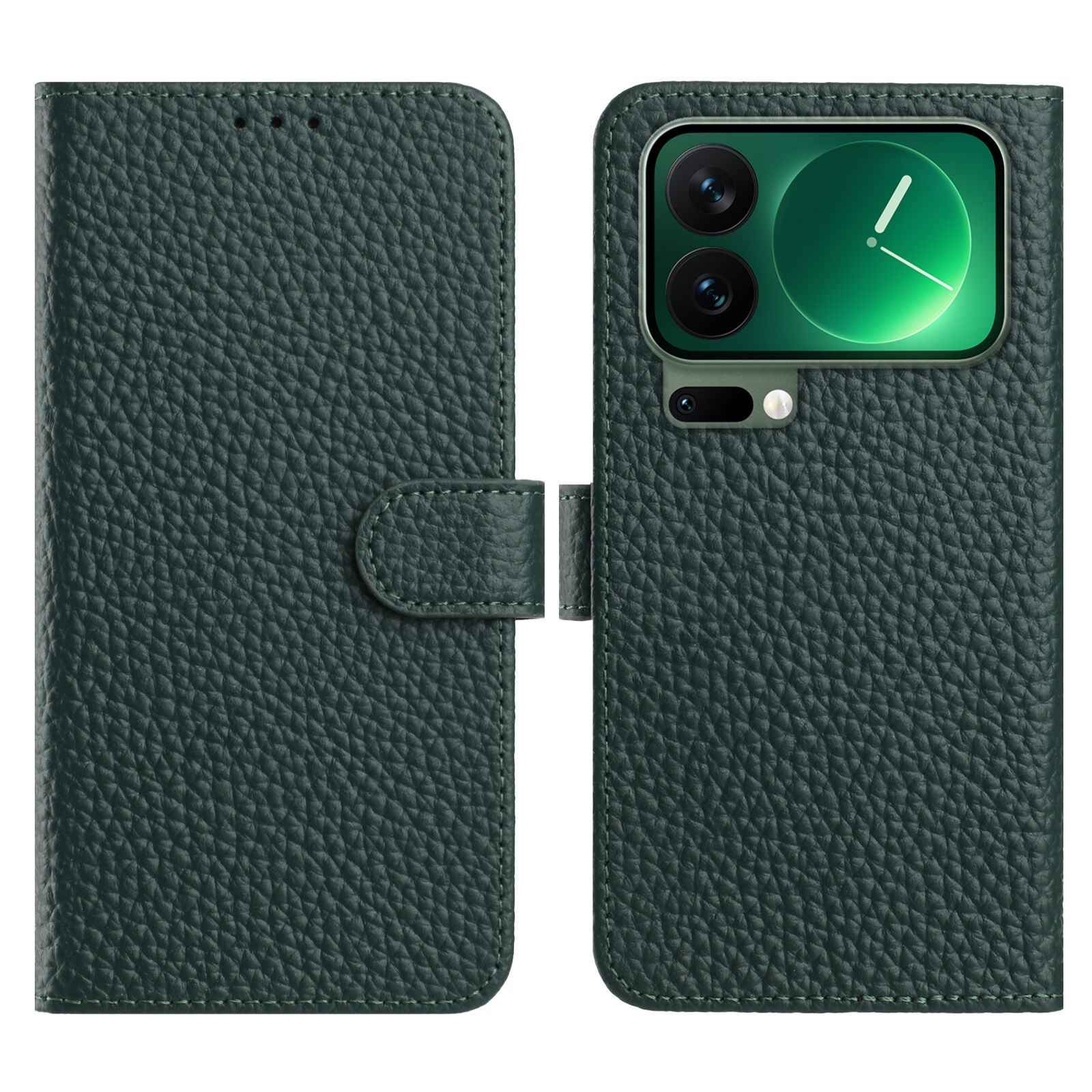 For Xiaomi 17 Pro Case Wallet Stand Litchi Texture Genuine Cow Leather Flip Phone Cover - Green