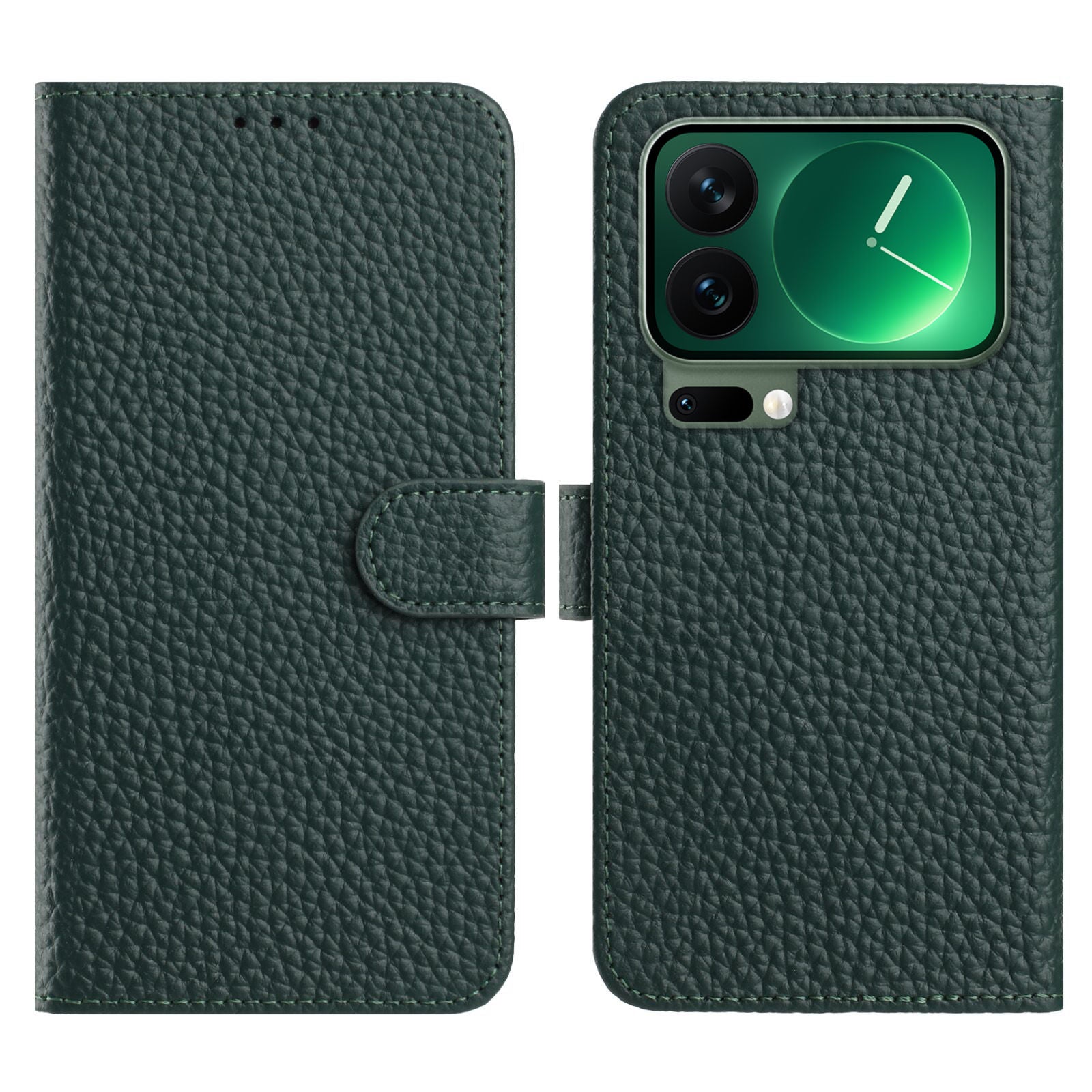 For Xiaomi 17 Pro Max Case Wallet Stand Litchi Texture Genuine Cow Leather Flip Phone Cover - Green