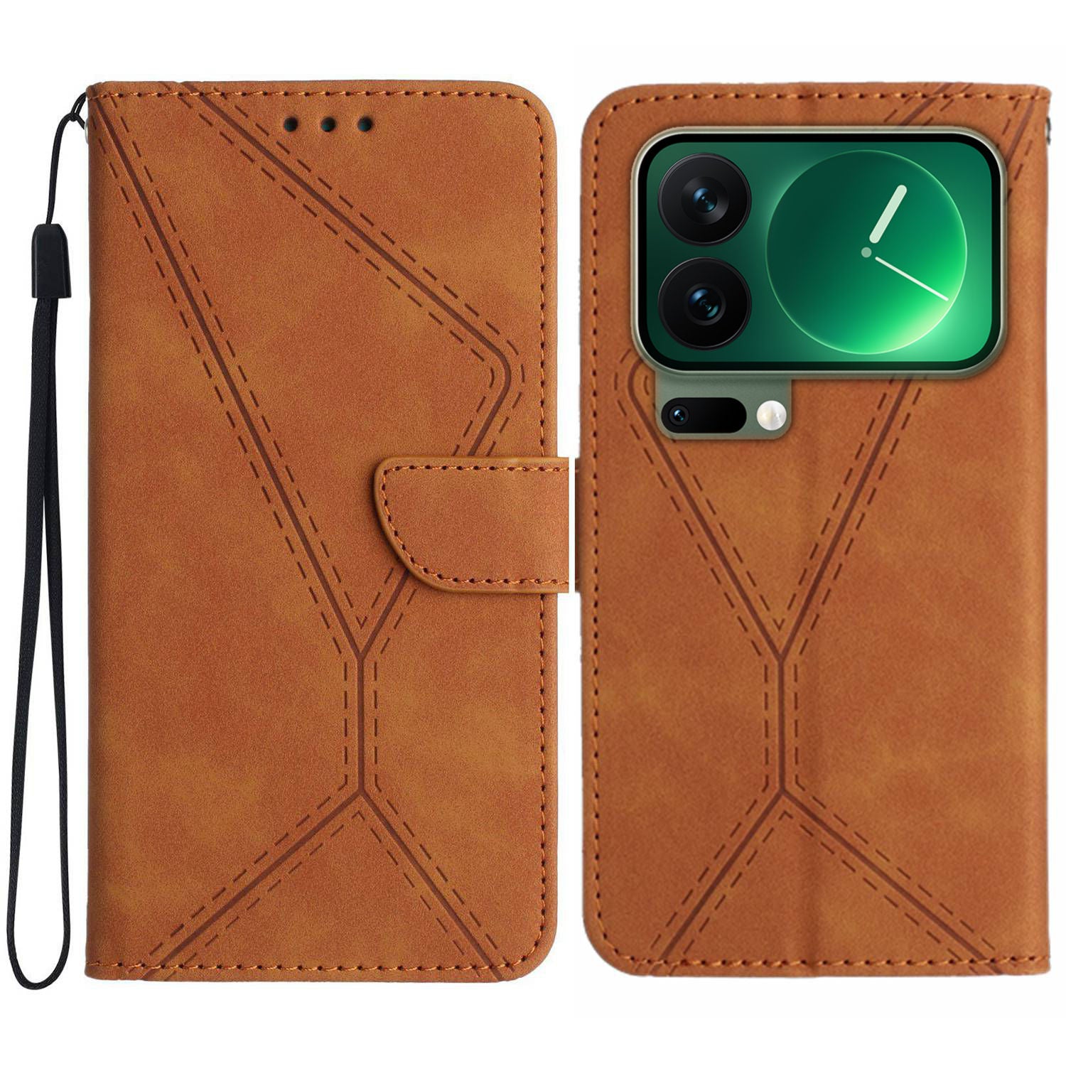 For Xiaomi 17 Pro Max Case Skin Touch Lines Imprinted PU Leather Flip Phone Cover - Brown