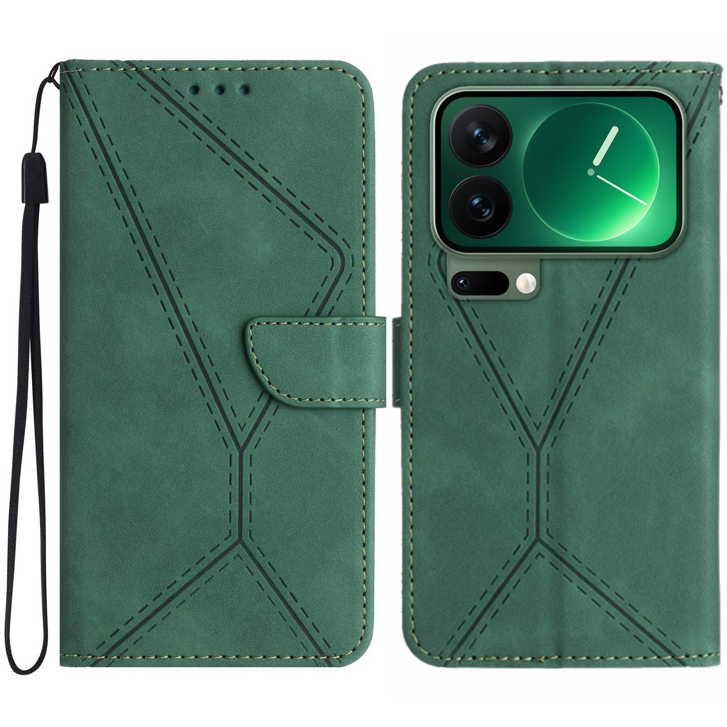 For Xiaomi 17 Pro Max Case Skin Touch Lines Imprinted PU Leather Flip Phone Cover - Green