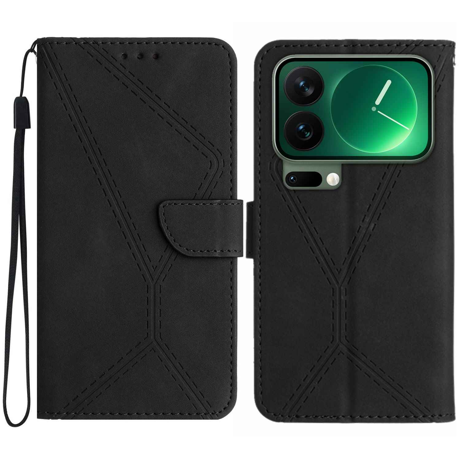 For Xiaomi 17 Pro Case Skin Touch Lines Imprinted PU Leather Flip Phone Cover - Black