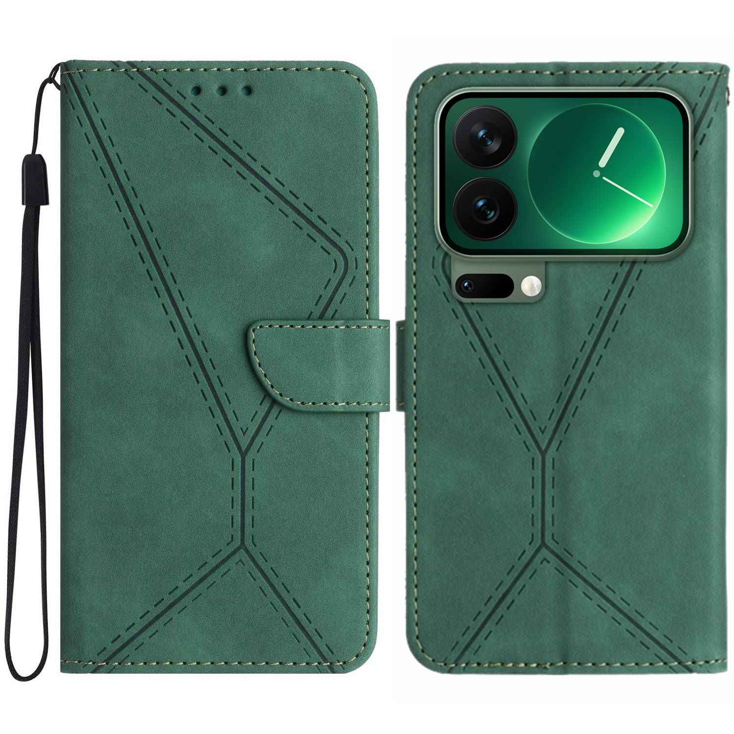 For Xiaomi 17 Pro Case Skin Touch Lines Imprinted PU Leather Flip Phone Cover - Green