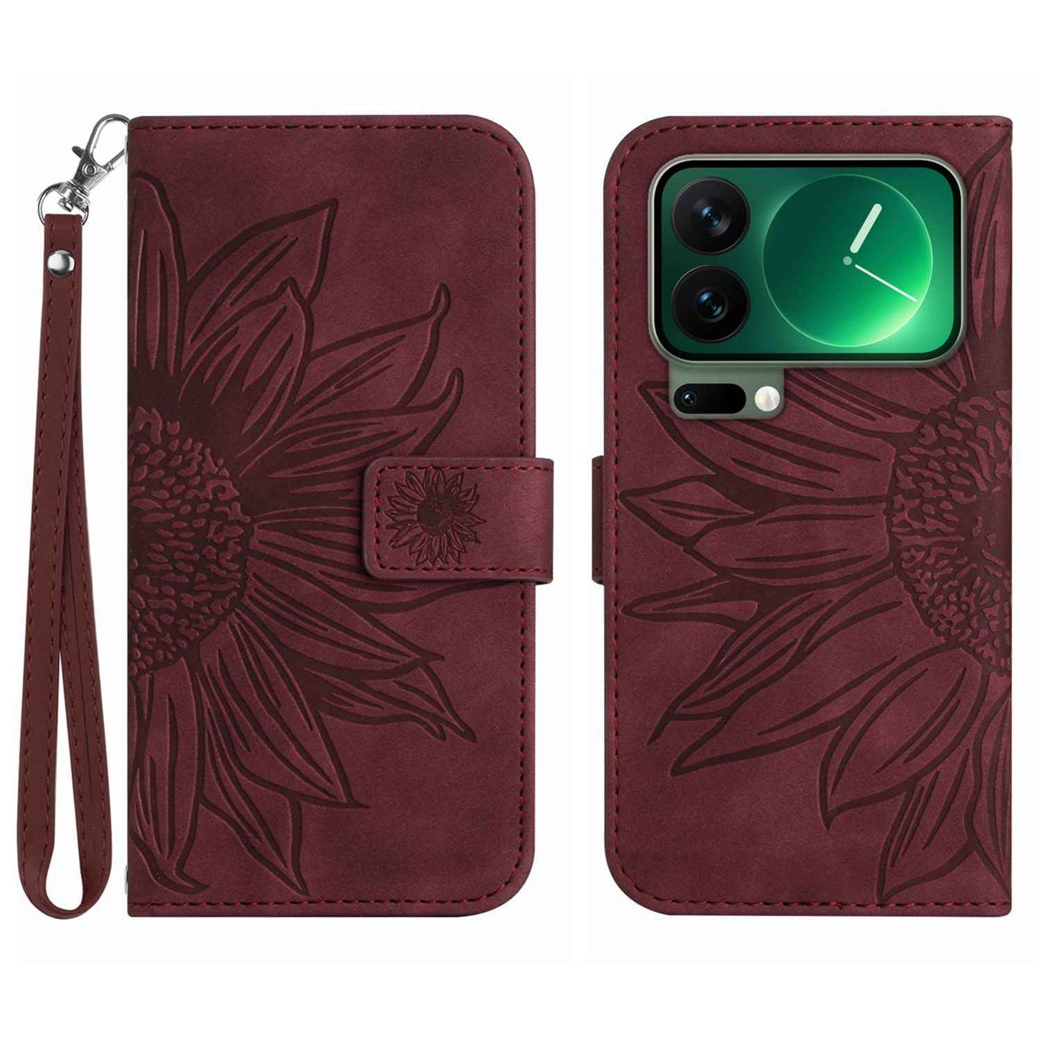 For Xiaomi 17 Pro Case Sunflower Imprint Leather Wallet Phone Cover with Wrist Strap - Wine Red