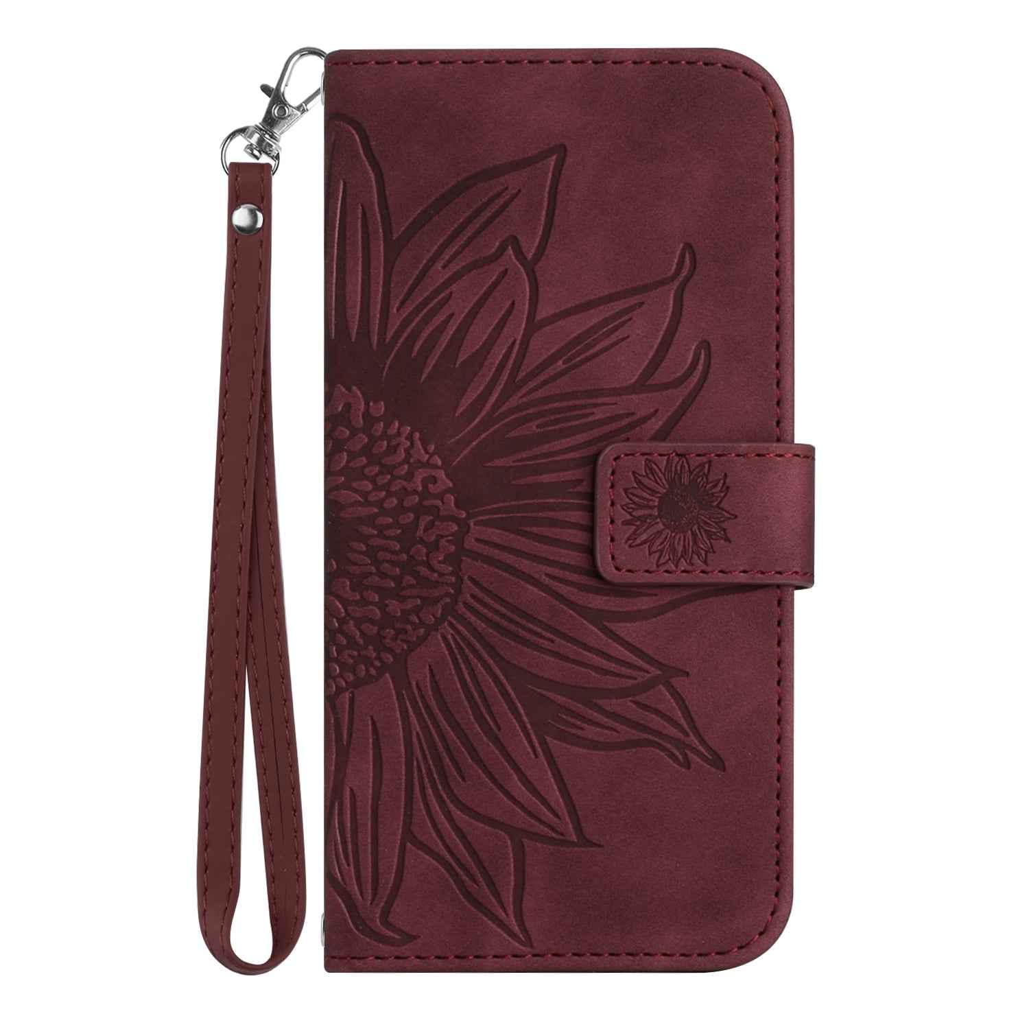 For Xiaomi 17 Pro Case Sunflower Imprint Leather Wallet Phone Cover with Wrist Strap - Wine Red
