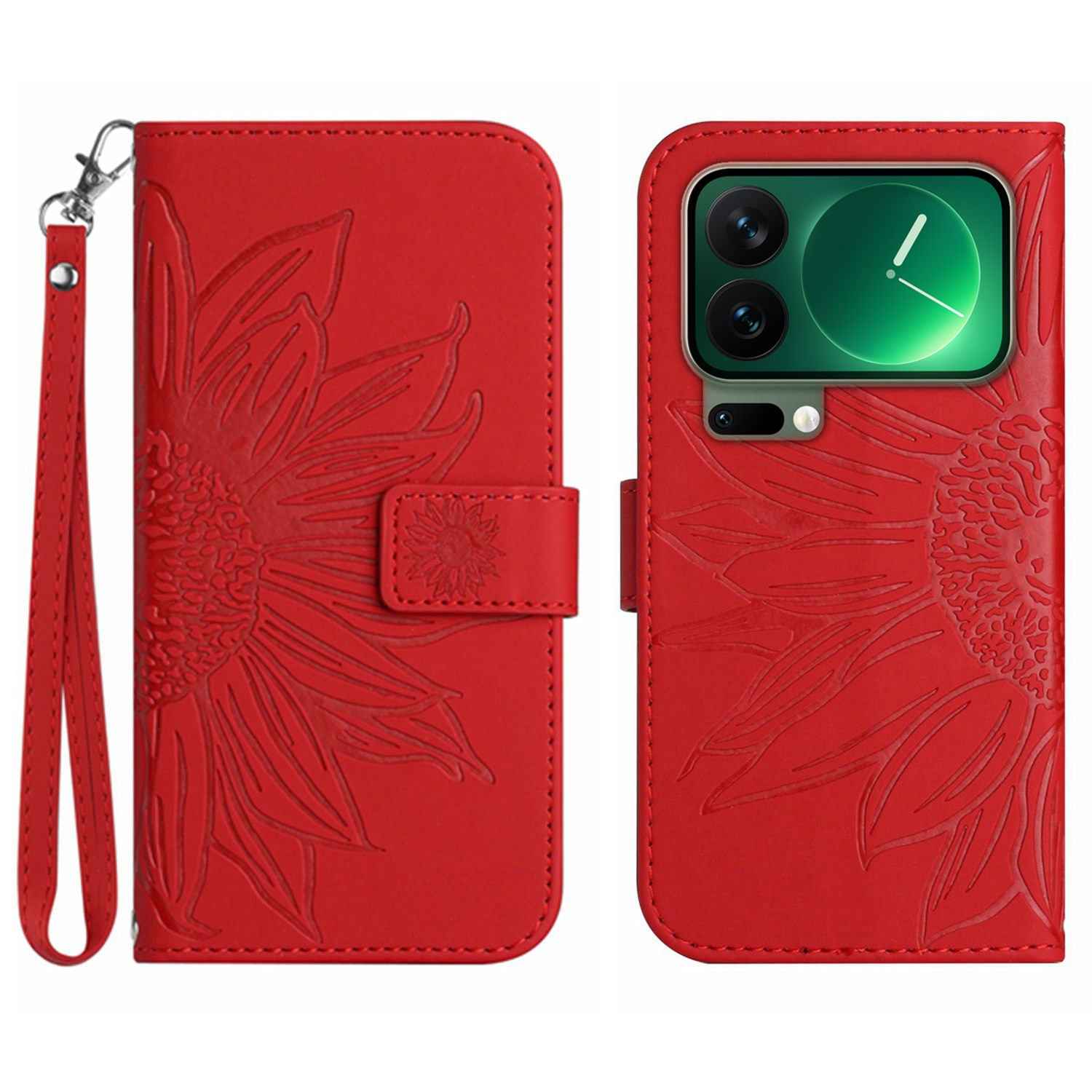 For Xiaomi 17 Pro Case Sunflower Imprint Leather Wallet Phone Cover with Wrist Strap - Red
