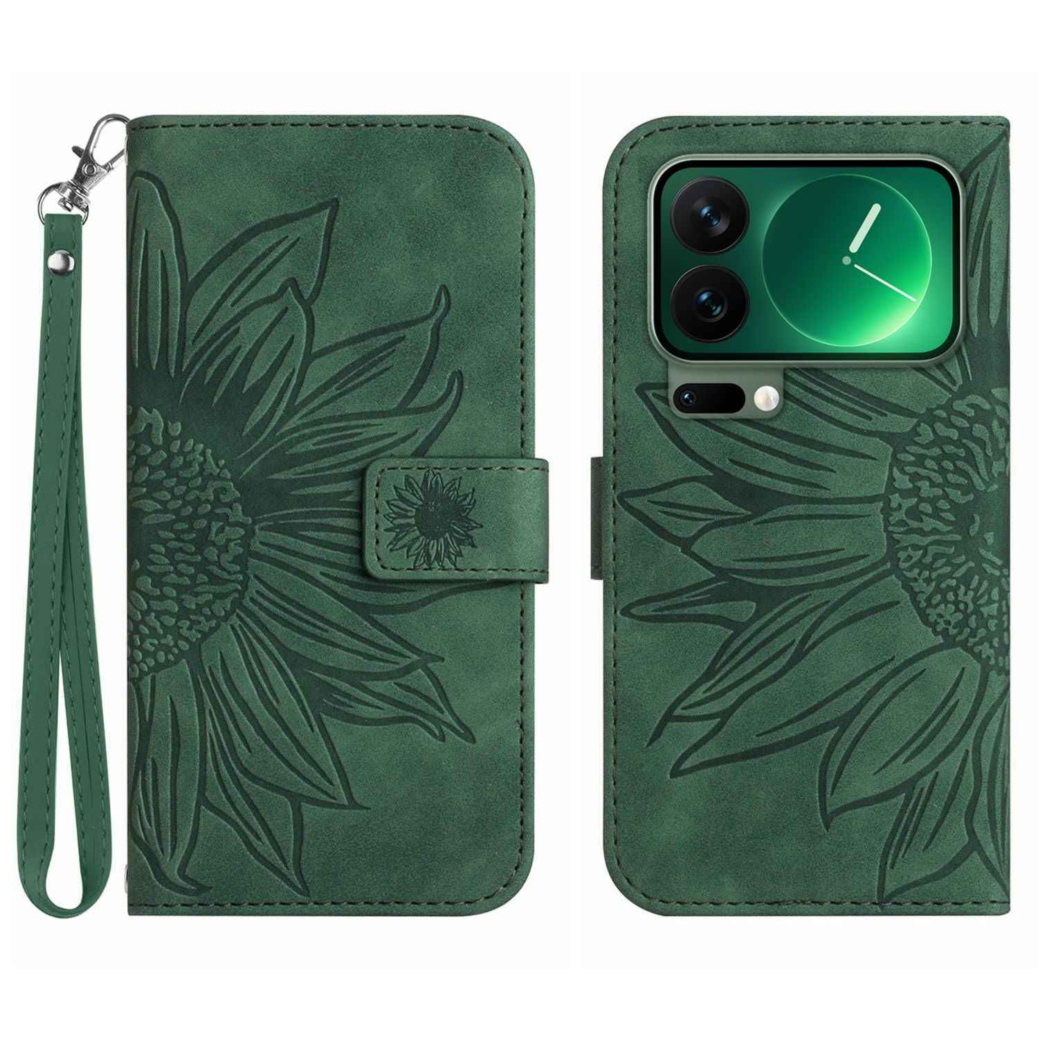 For Xiaomi 17 Pro Case Sunflower Imprint Leather Wallet Phone Cover with Wrist Strap - Dark Green