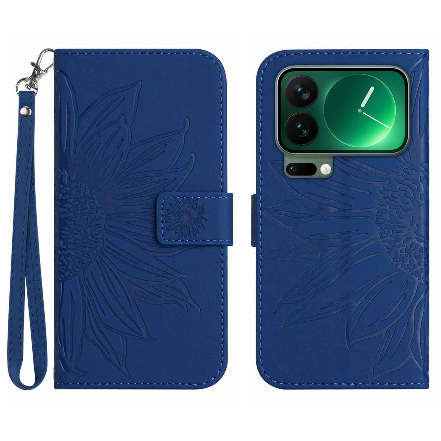 For Xiaomi 17 Pro Case Sunflower Imprint Leather Wallet Phone Cover with Wrist Strap - Sapphire