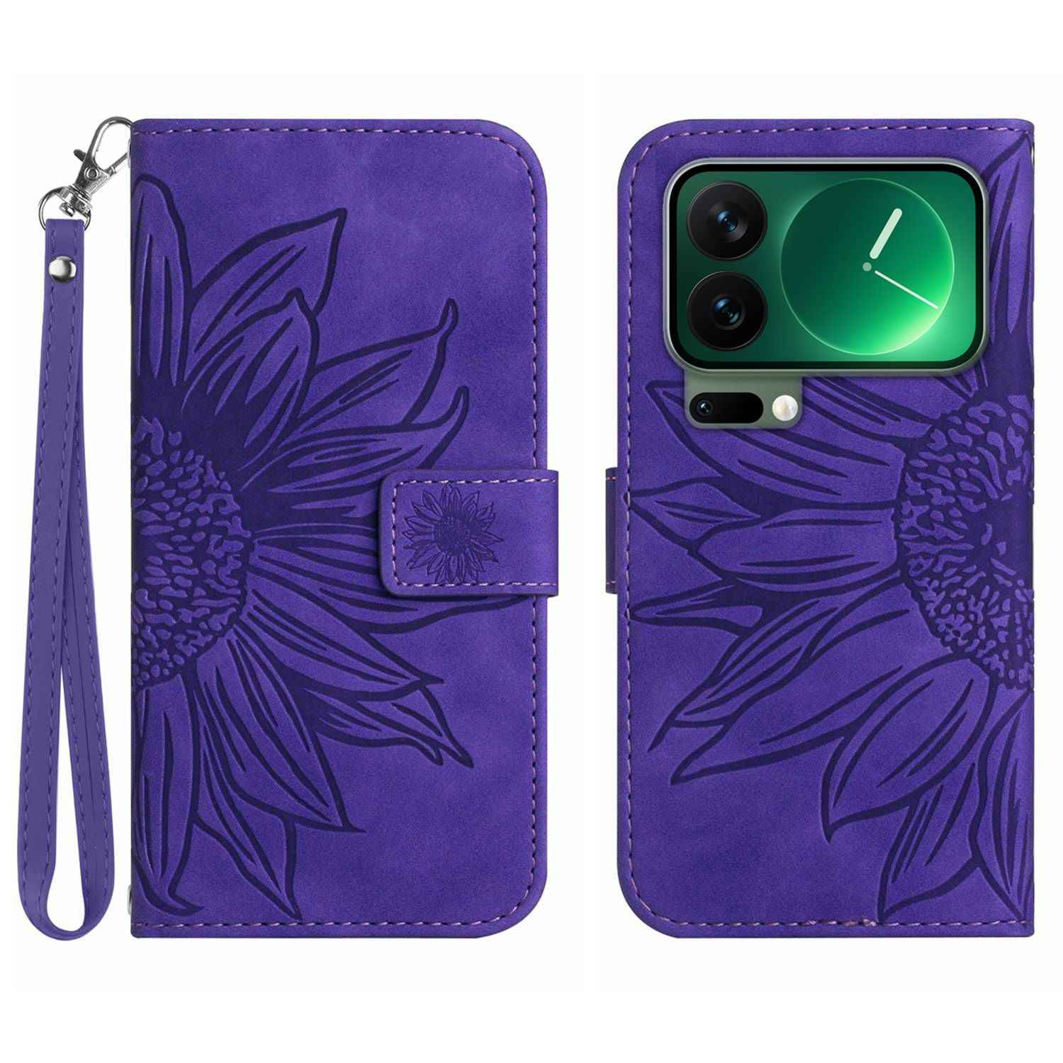 For Xiaomi 17 Pro Case Sunflower Imprint Leather Wallet Phone Cover with Wrist Strap - Dark Purple
