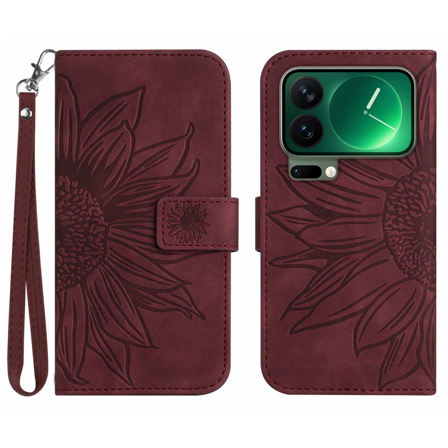 For Xiaomi 17 Pro Max Case Sunflower Imprint Leather Wallet Phone Cover with Wrist Strap - Wine Red