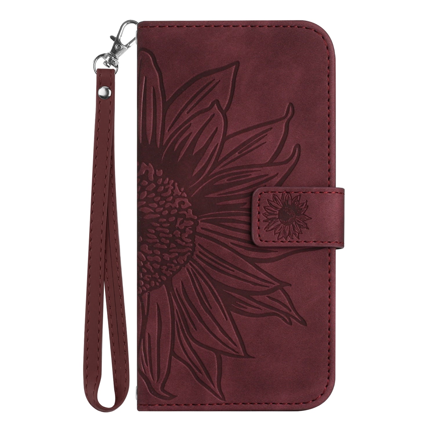 For Xiaomi 17 Pro Max Case Sunflower Imprint Leather Wallet Phone Cover with Wrist Strap - Wine Red