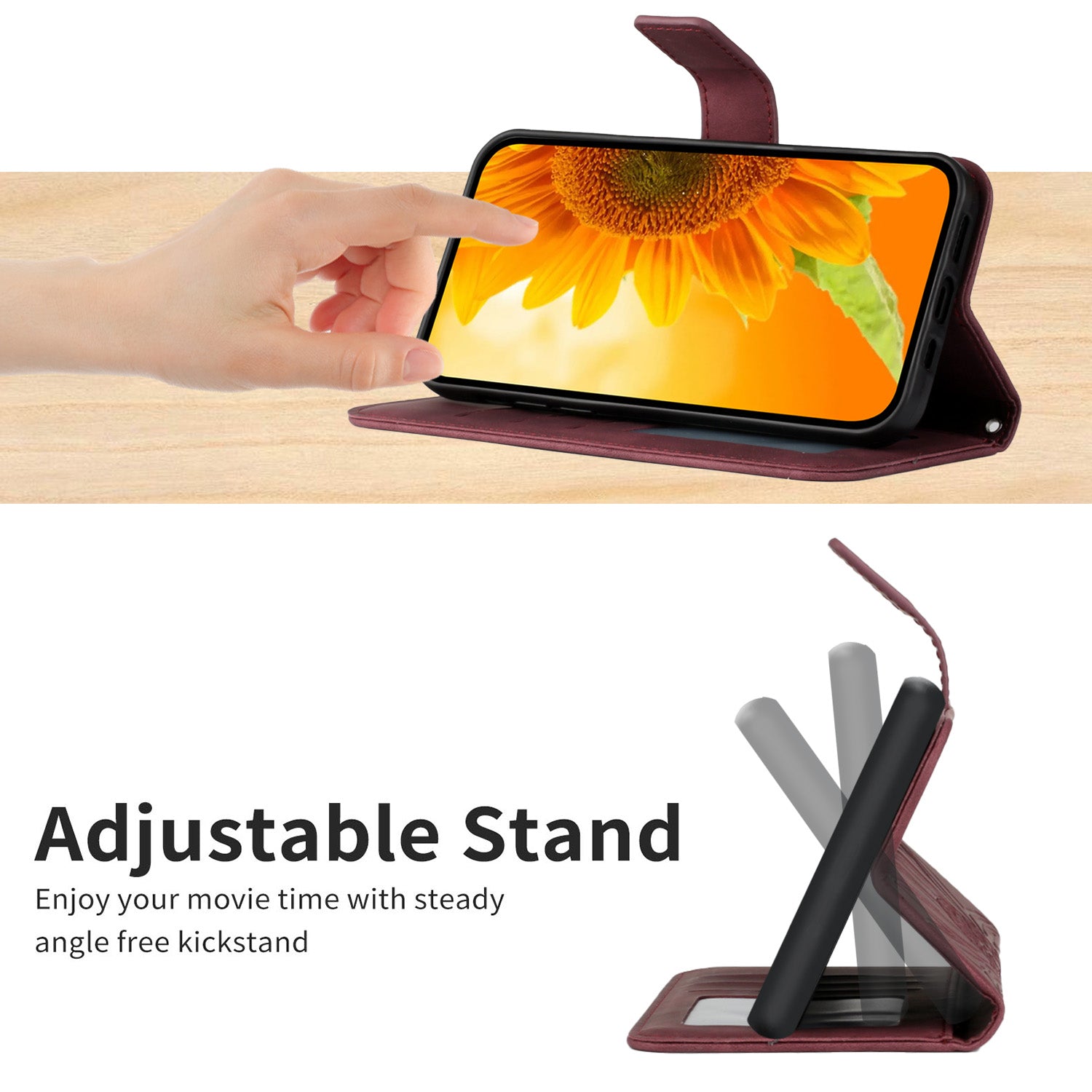 For Xiaomi 17 Pro Max Case Sunflower Imprint Leather Wallet Phone Cover with Wrist Strap - Wine Red