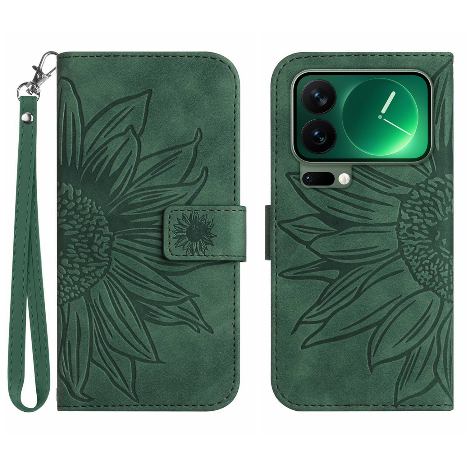 For Xiaomi 17 Pro Max Case Sunflower Imprint Leather Wallet Phone Cover with Wrist Strap - Dark Green