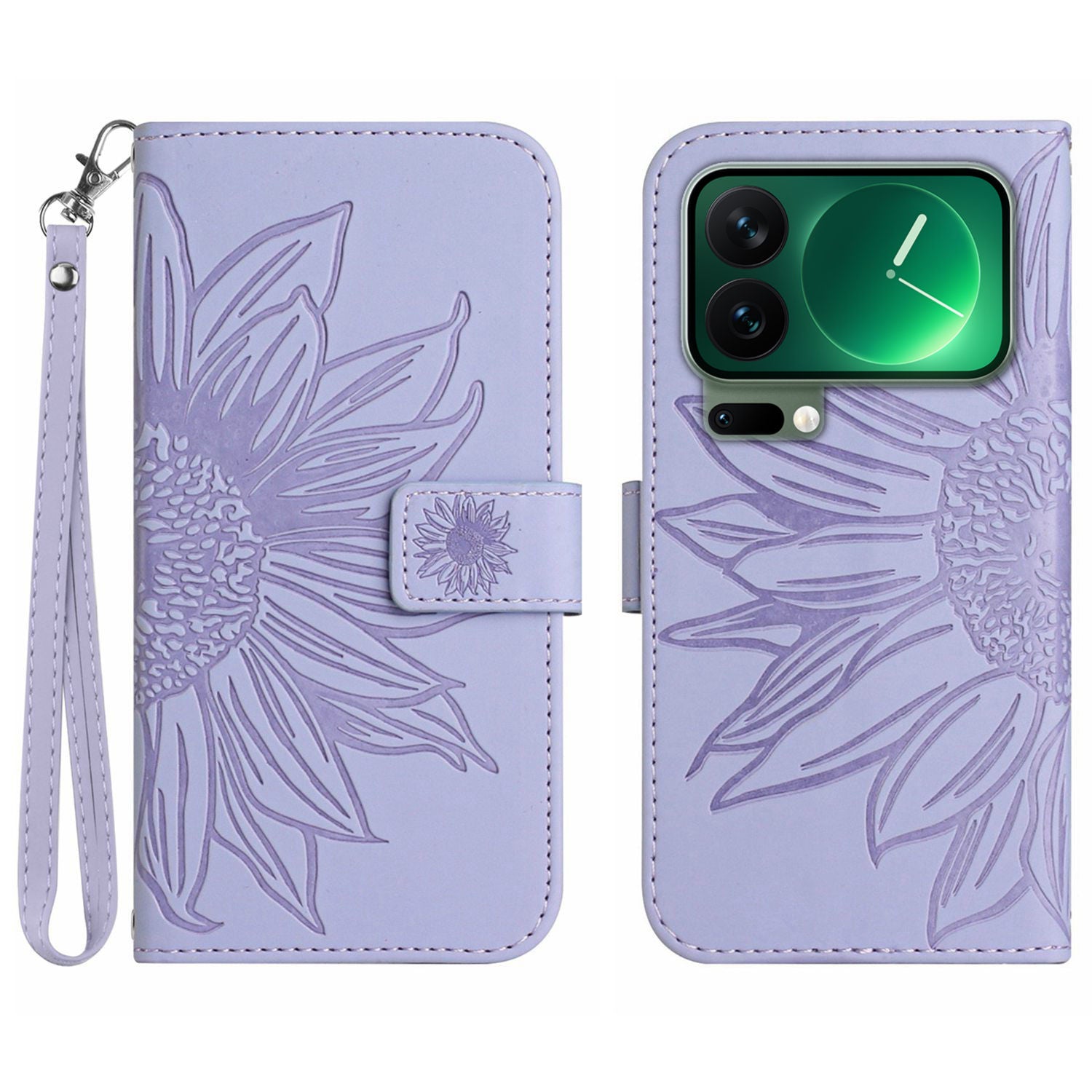 For Xiaomi 17 Pro Max Case Sunflower Imprint Leather Wallet Phone Cover with Wrist Strap - Light Purple
