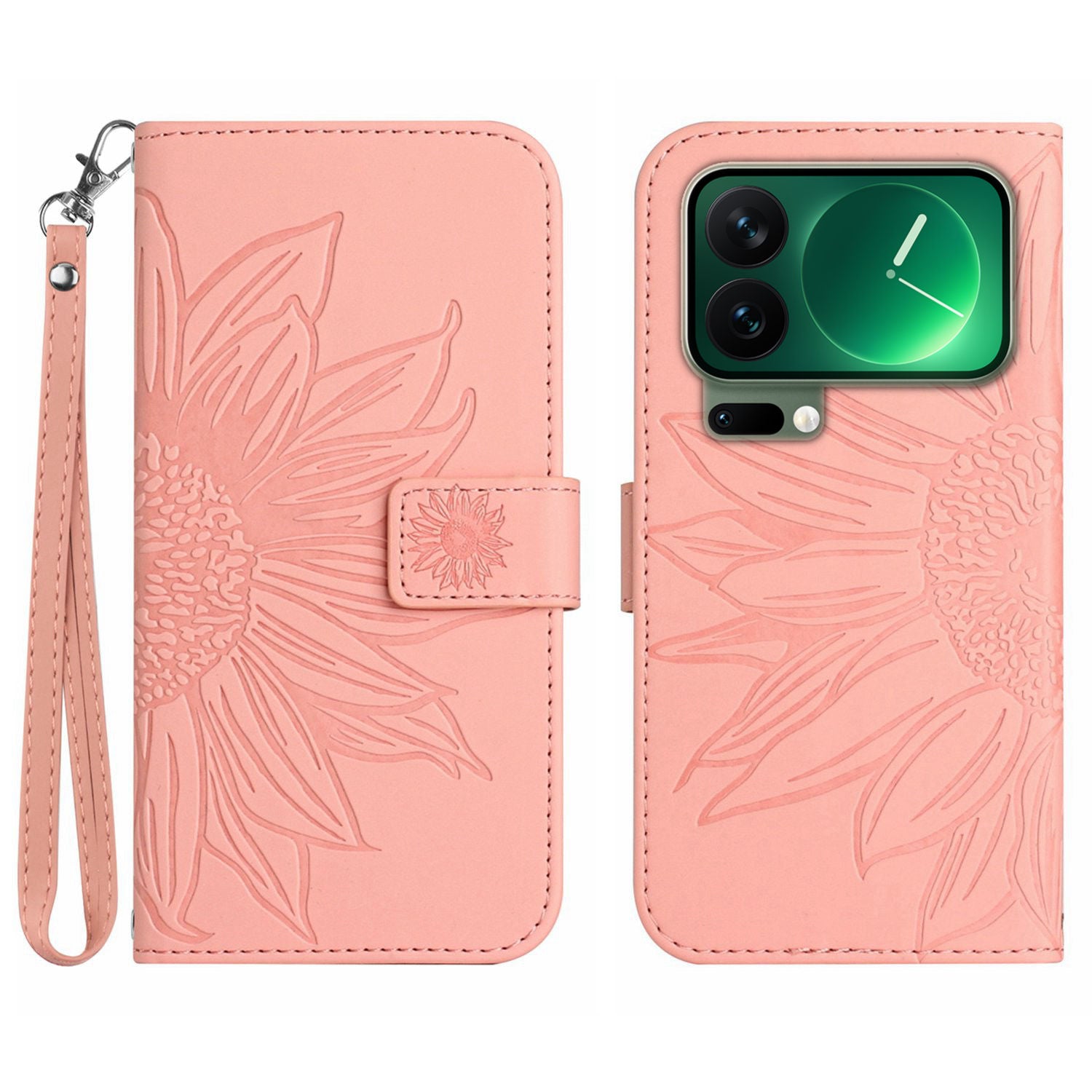 For Xiaomi 17 Pro Max Case Sunflower Imprint Leather Wallet Phone Cover with Wrist Strap - Pink