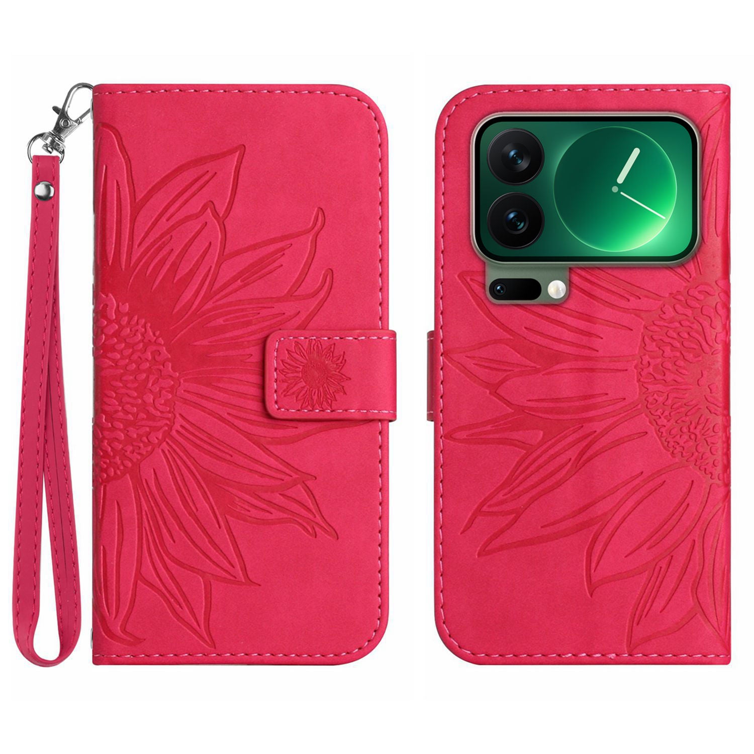 For Xiaomi 17 Pro Max Case Sunflower Imprint Leather Wallet Phone Cover with Wrist Strap - Rose