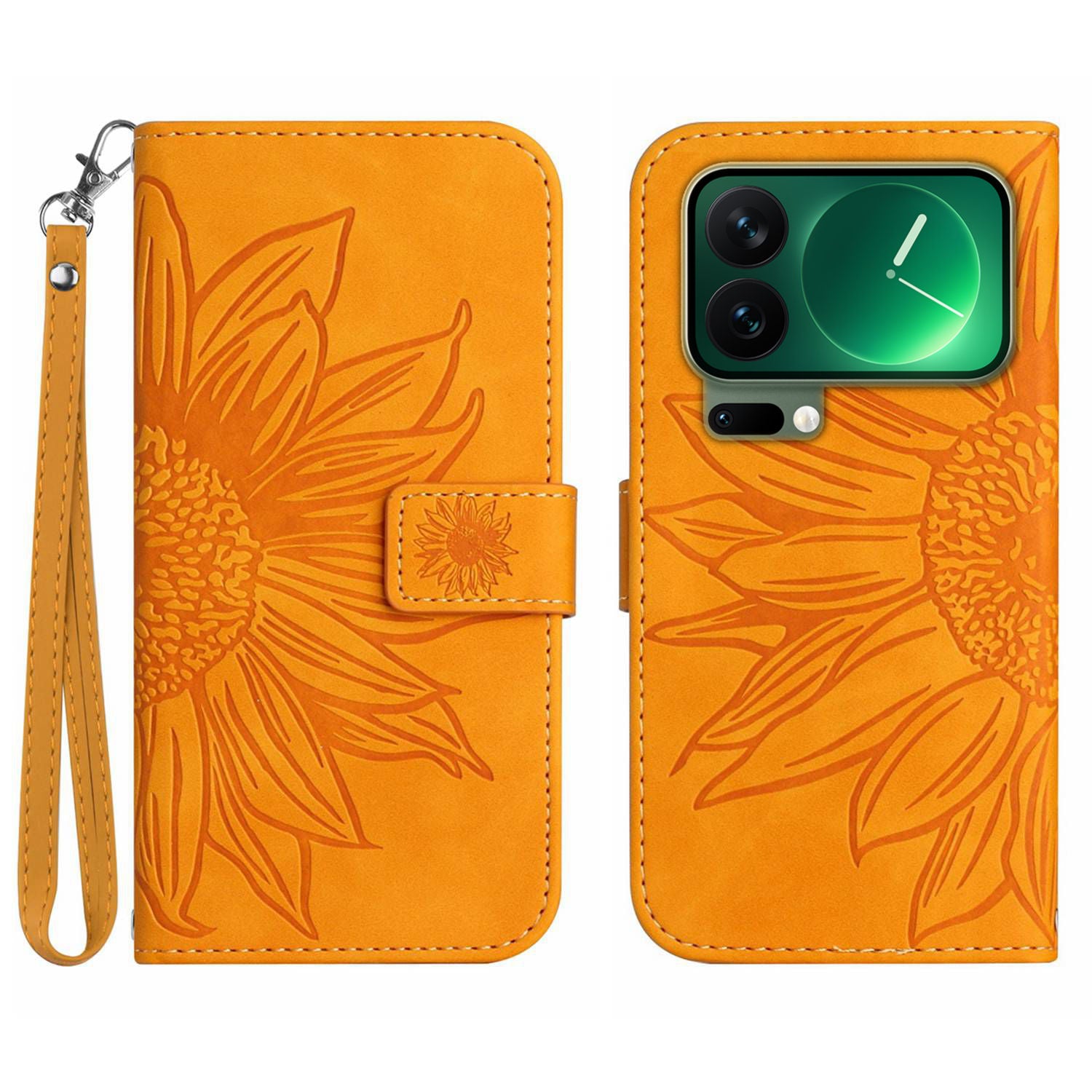 For Xiaomi 17 Pro Max Case Sunflower Imprint Leather Wallet Phone Cover with Wrist Strap - Yellow