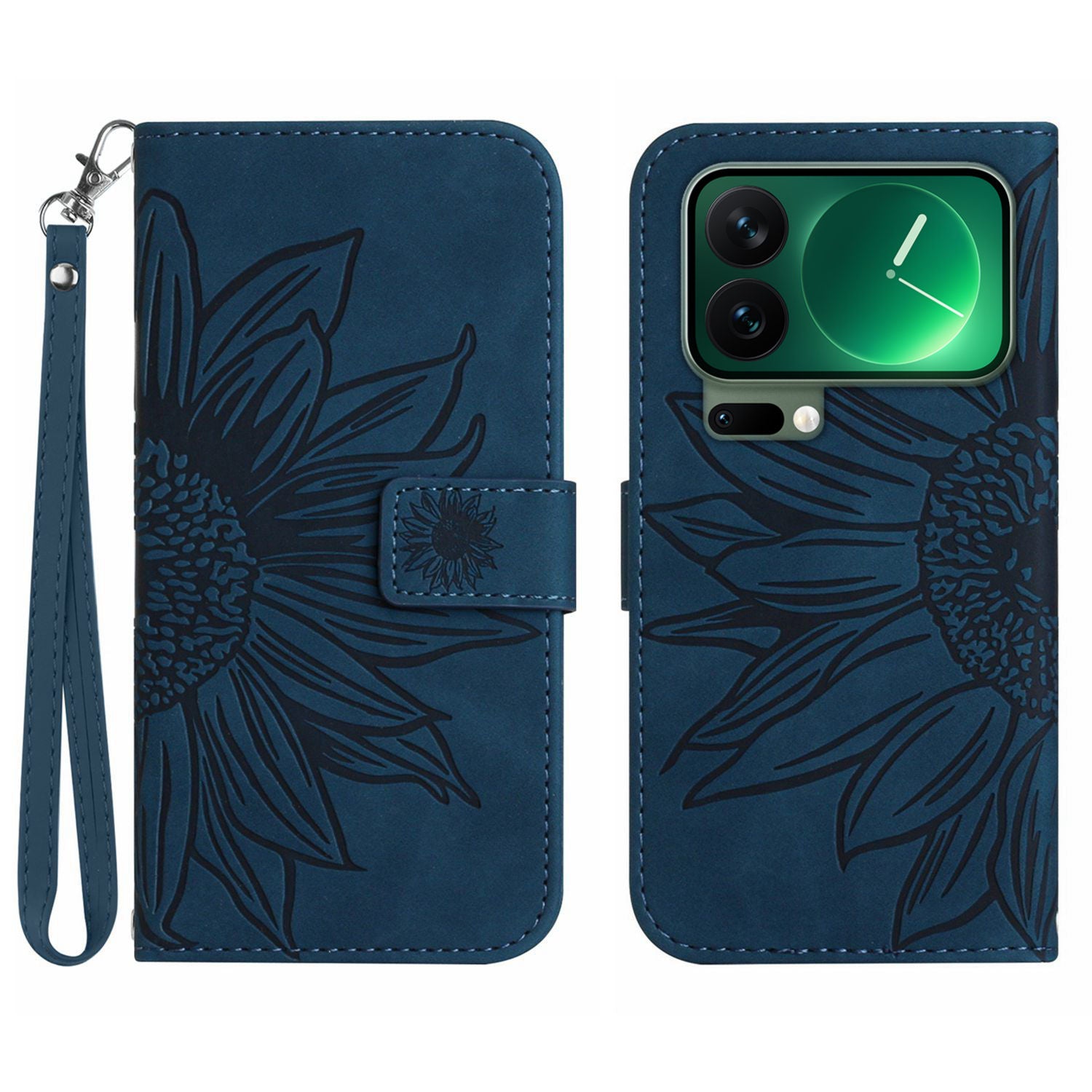 For Xiaomi 17 Pro Max Case Sunflower Imprint Leather Wallet Phone Cover with Wrist Strap - Dark Blue
