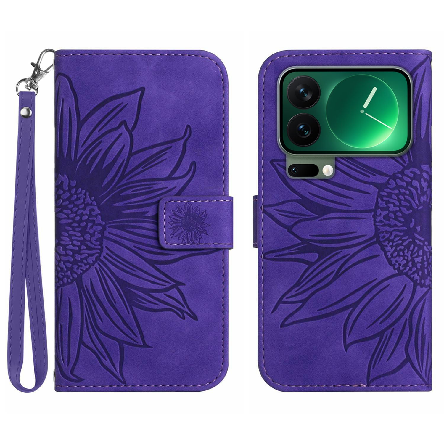 For Xiaomi 17 Pro Max Case Sunflower Imprint Leather Wallet Phone Cover with Wrist Strap - Dark Purple