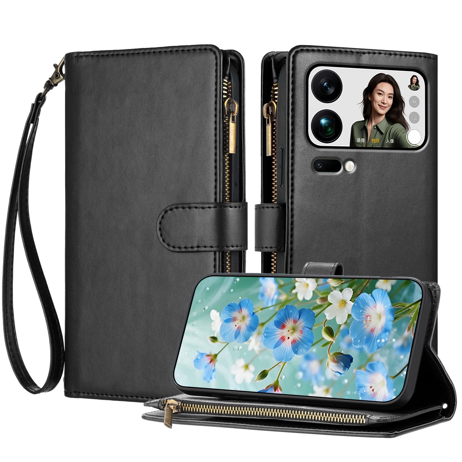 For Xiaomi 17 Pro Max Leather Case Zipper Wallet Stand Shockproof Phone Cover with Wrist Strap - Black