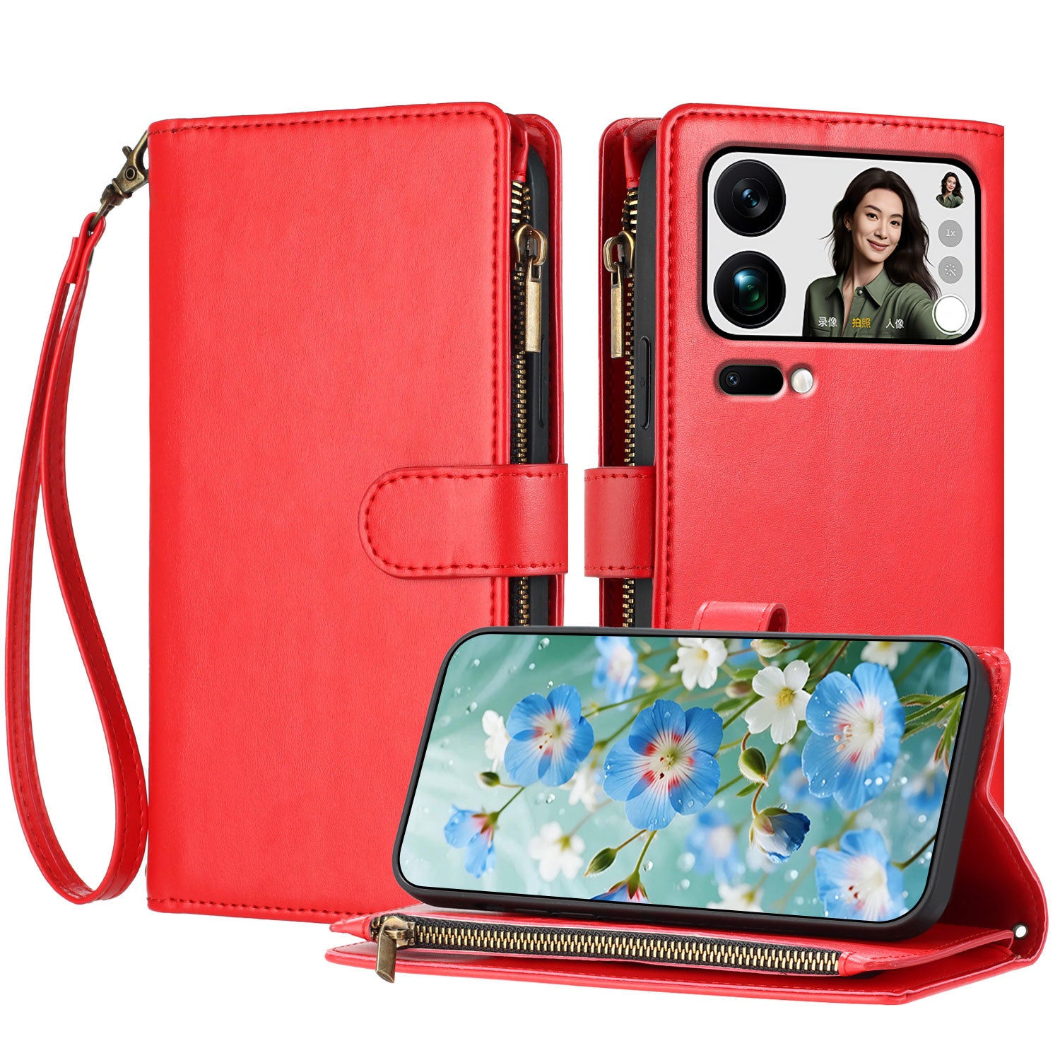 For Xiaomi 17 Pro Max Leather Case Zipper Wallet Stand Shockproof Phone Cover with Wrist Strap - Red
