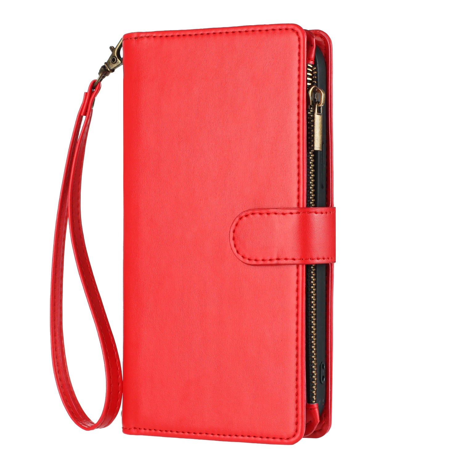 For Xiaomi 17 Pro Max Leather Case Zipper Wallet Stand Shockproof Phone Cover with Wrist Strap - Red